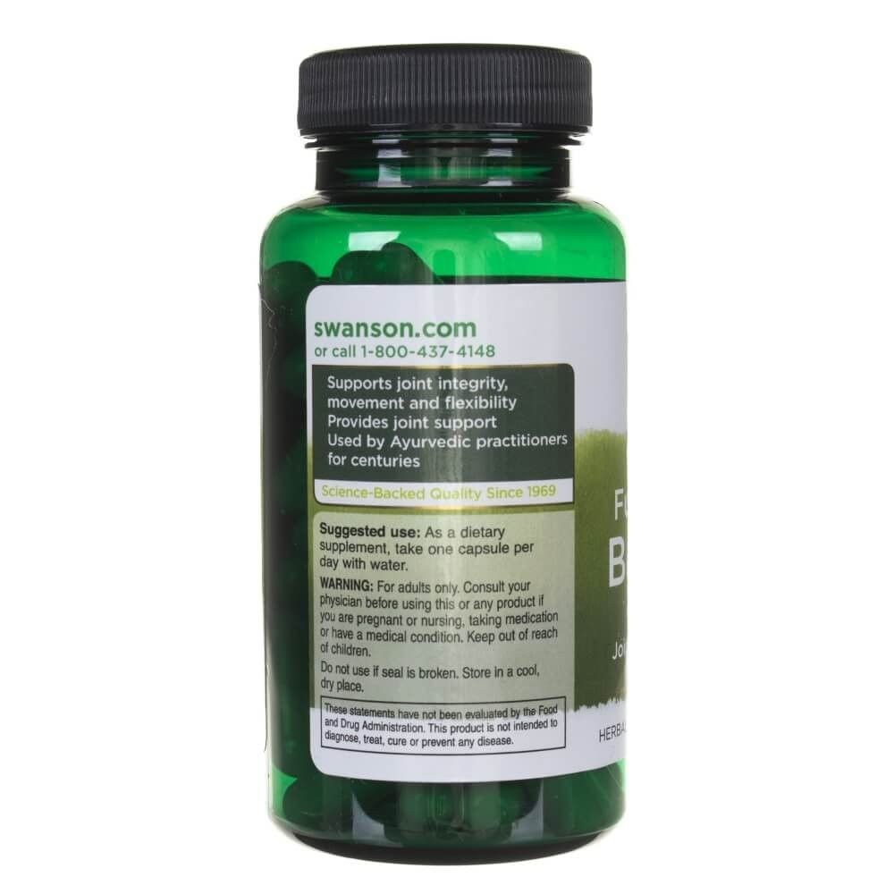 Arrière d'une bouteille verte de Swanson Boswellia spectre complet. Informations d'utilisation et sceau de qualité visibles.