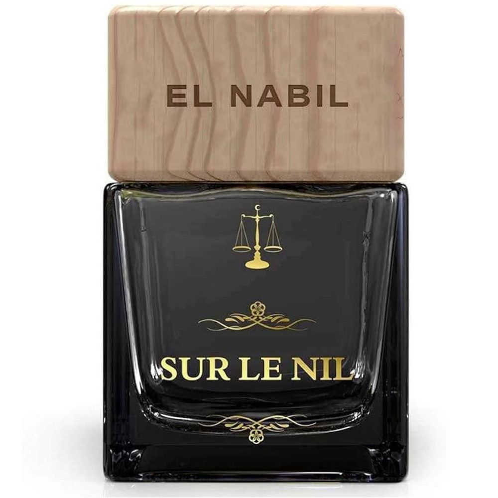 Flacon noir avec bouchon en bois. Inscription dorée: EL NABIL, SUR LE NIL. Ornements et symbole de balance.