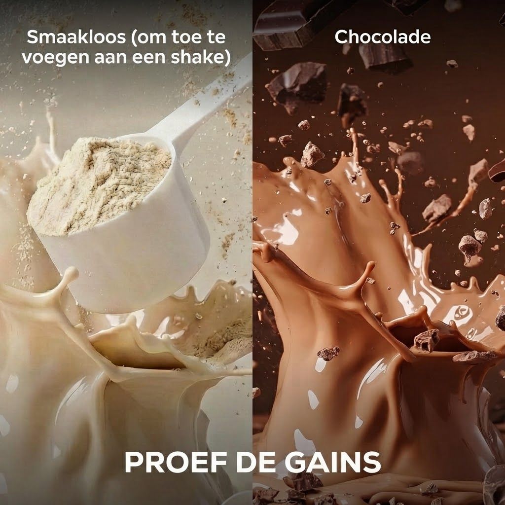 Poeder in een schepje dat in een vloeistof spat. Daarnaast chocoladestukken die in een bruine vloeistof spatten.