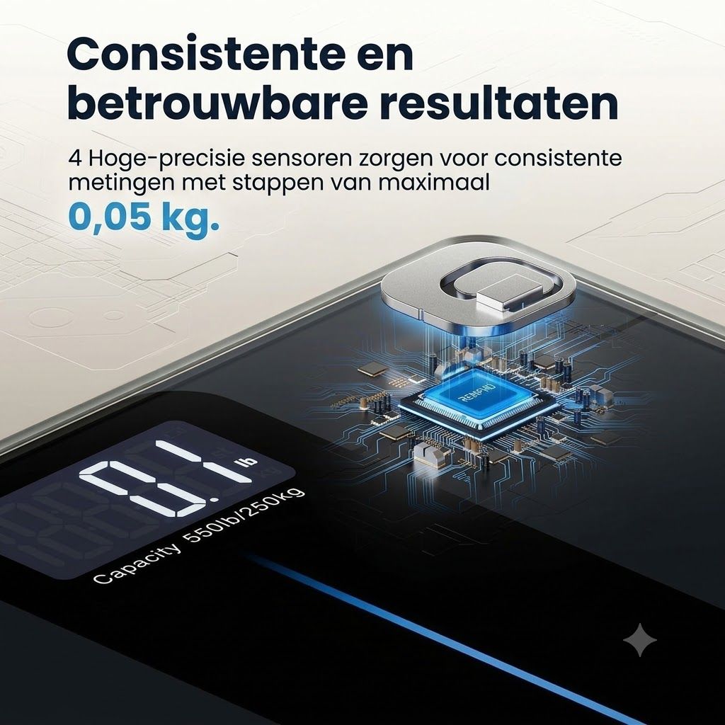 Digitale weegschaal met verlicht display dat '0.1' toont. Capaciteit 250kg.