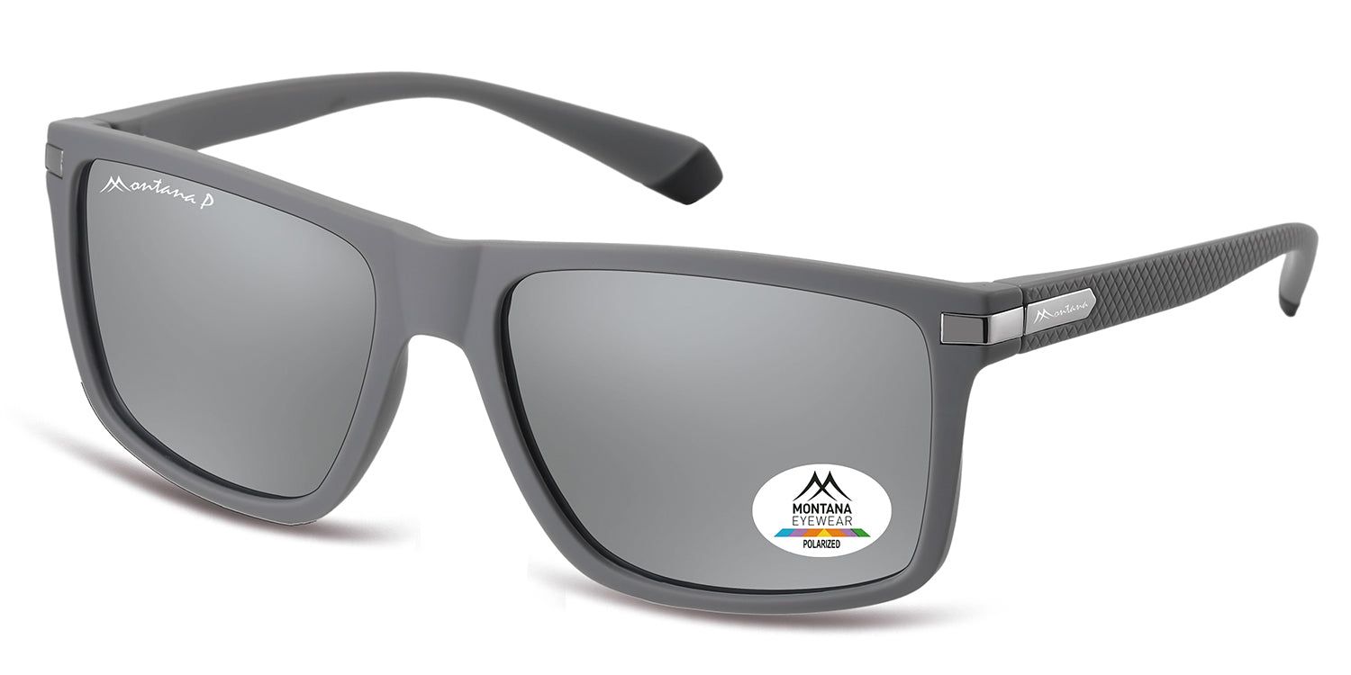 Lunettes de soleil grises à verres rectangulaires. Logo Montana Eyewear sur la branche et le verre. Verres polarisés.