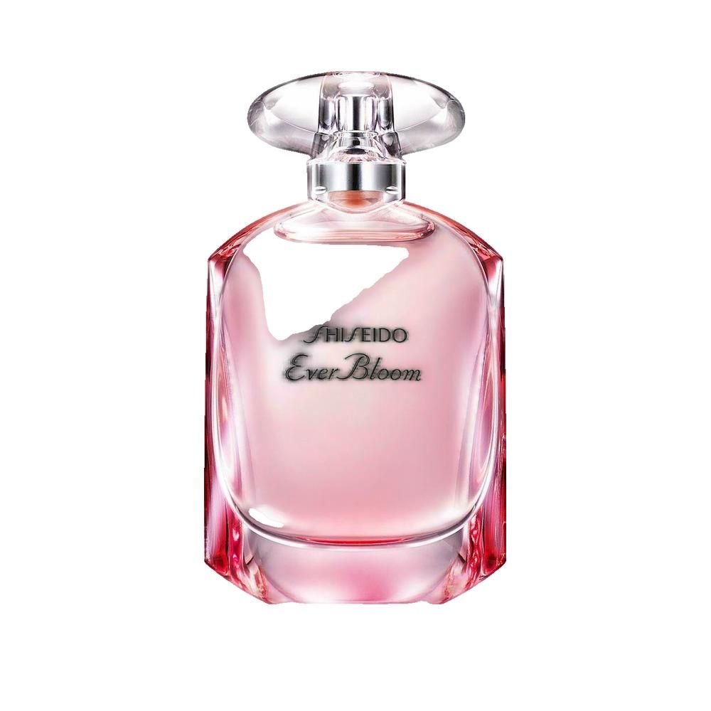 Flacon de parfum rose. Bouchon transparent. Inscription: Shiseido Ever Bloom.