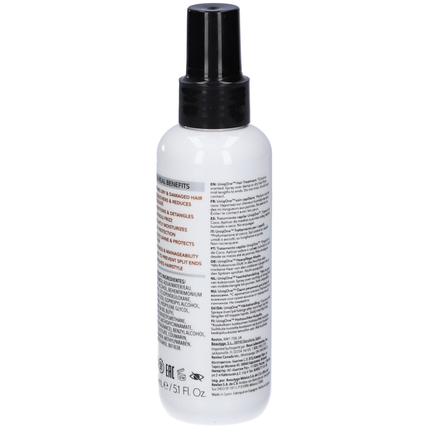 Flacon de spray capillaire blanc, bouchon noir. Dos avec texte et ingrédients. 150 ml.