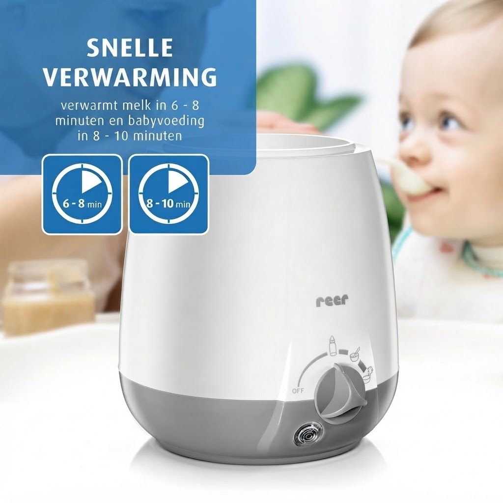 Tweekleurige flessenwarmer met bedieningsknop en symbolen voor opwarmtijden.
