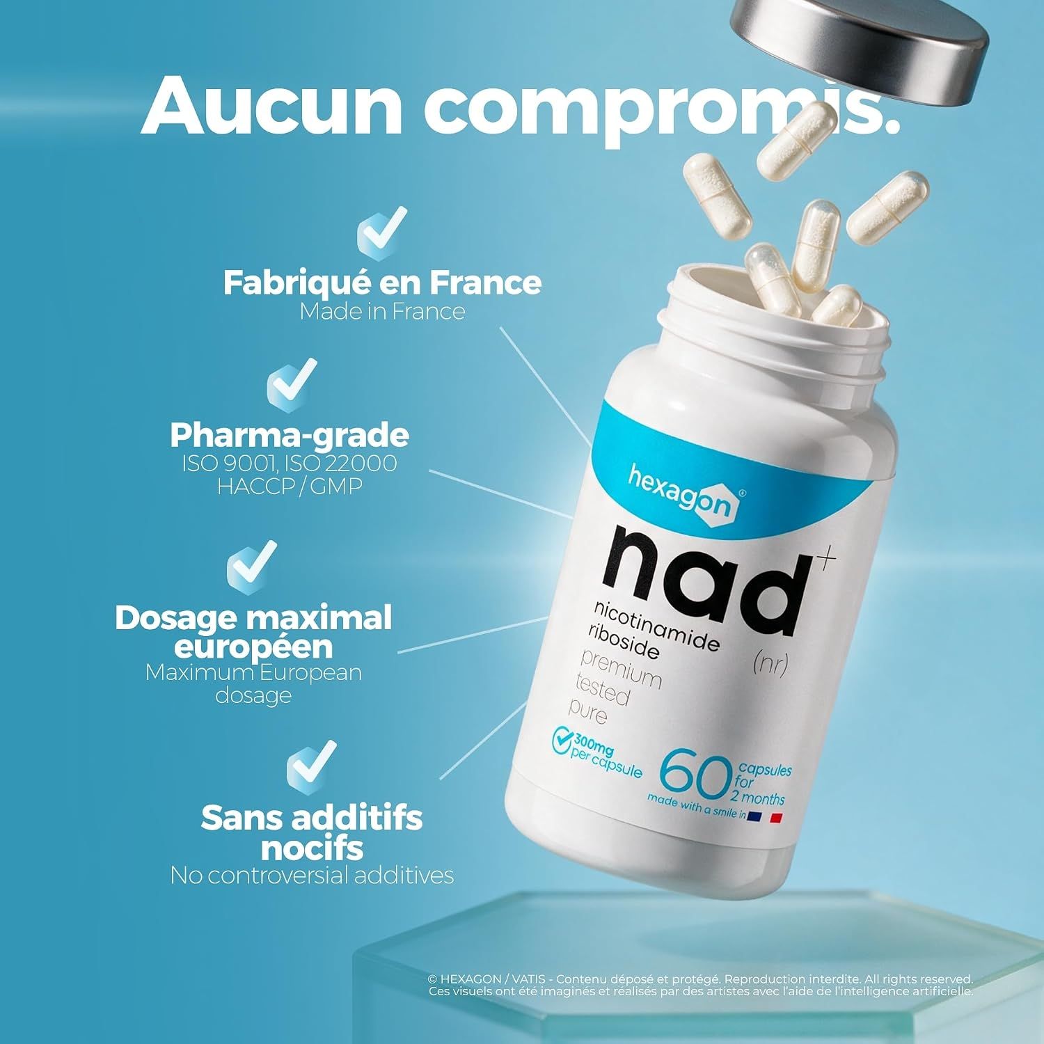 Bouteille de capsules NAD+, 60 pièces, 300mg par capsule. Fabriqué en France.