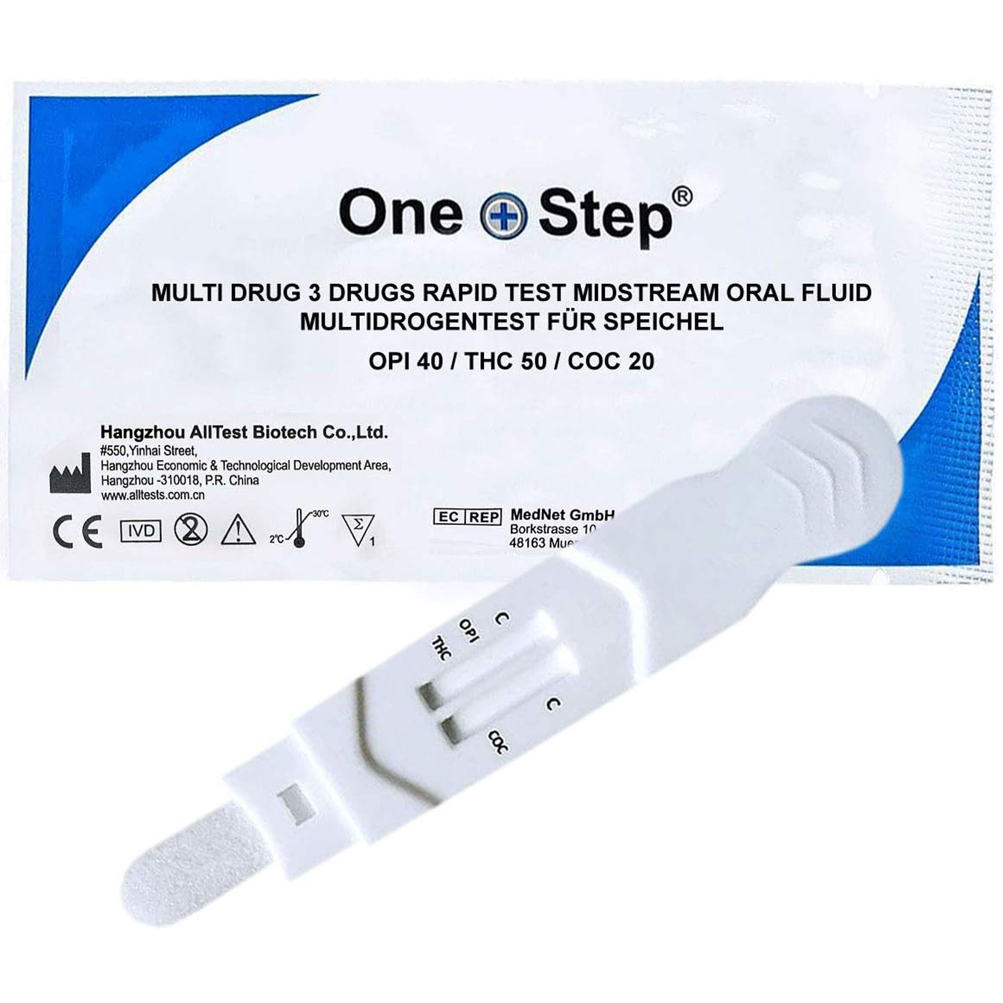 Multi-drug rapid test. Wit testapparaat met drie testgebieden en een absorberend pad. Verpakking met productnaam.