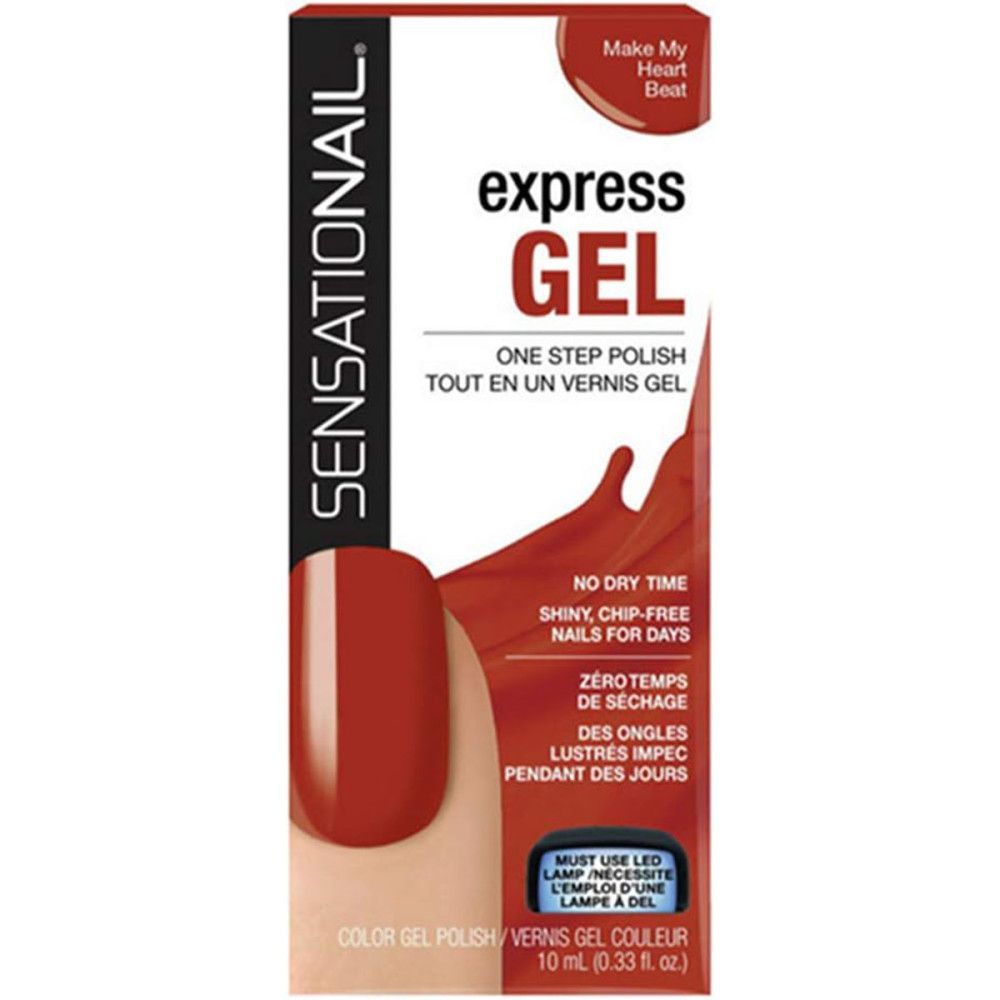 Emballage Sensationail Express-Gel. Vernis à ongles rouge. Texte: Express Gel, One Step Polish.