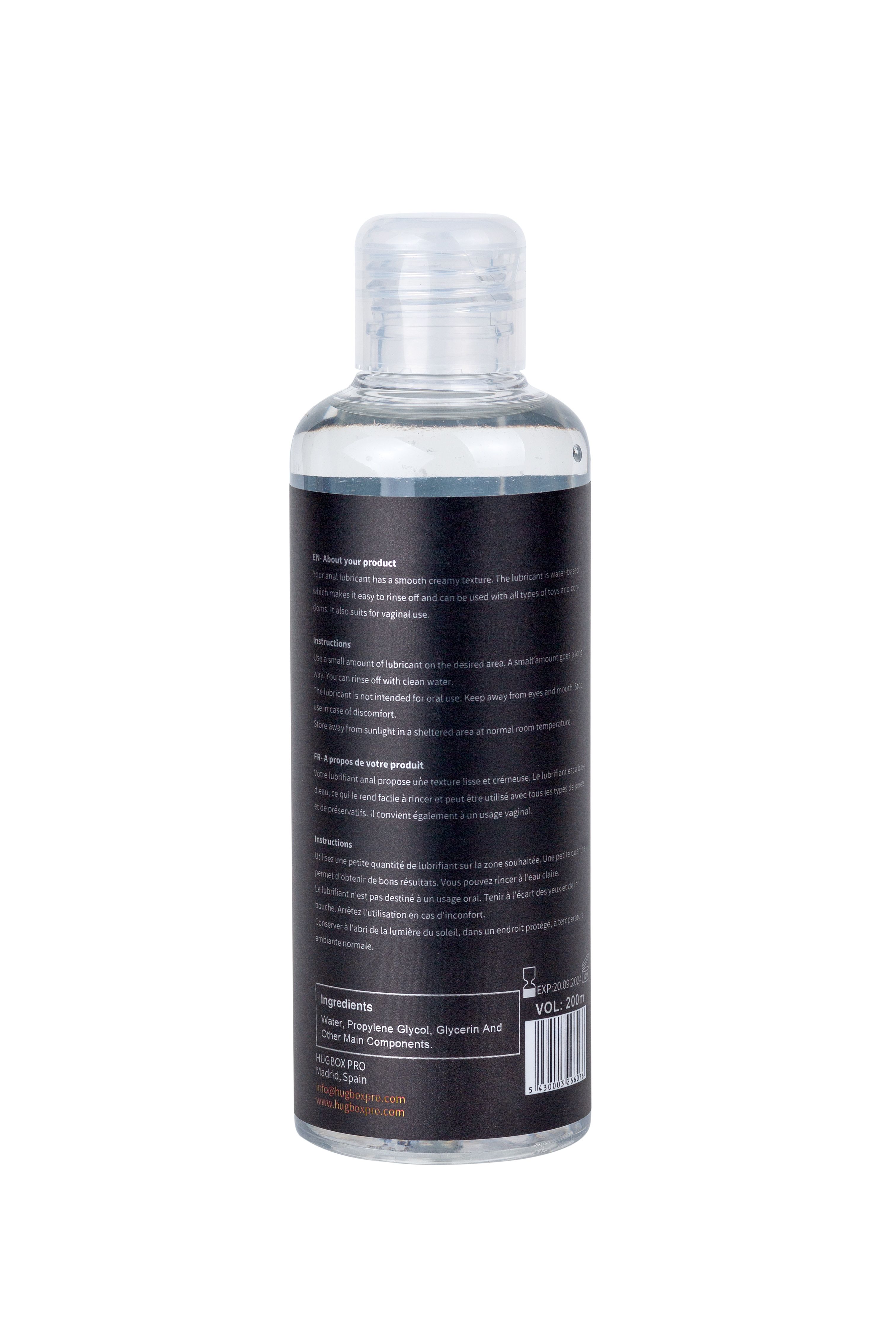 Transparante vloeistof in fles met zwart etiket. Inhoudsstoffen en instructies zichtbaar. Volume: 200ml.