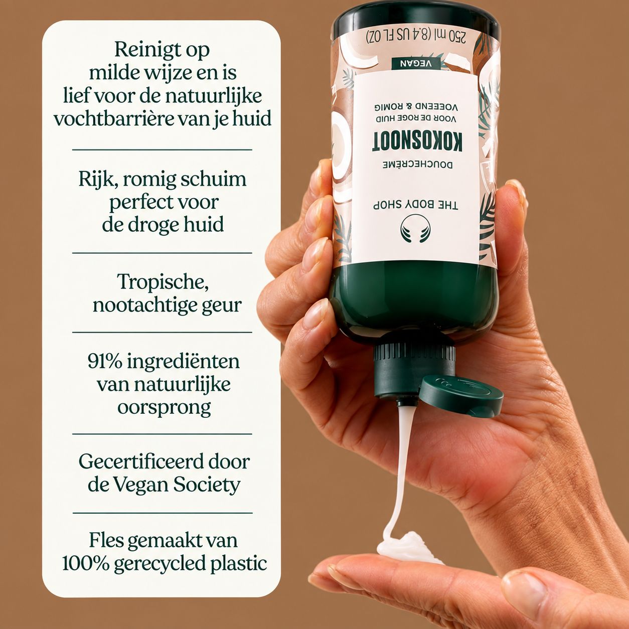 The Body Shop Douchecrème Kokos, 250 ml, vegan.