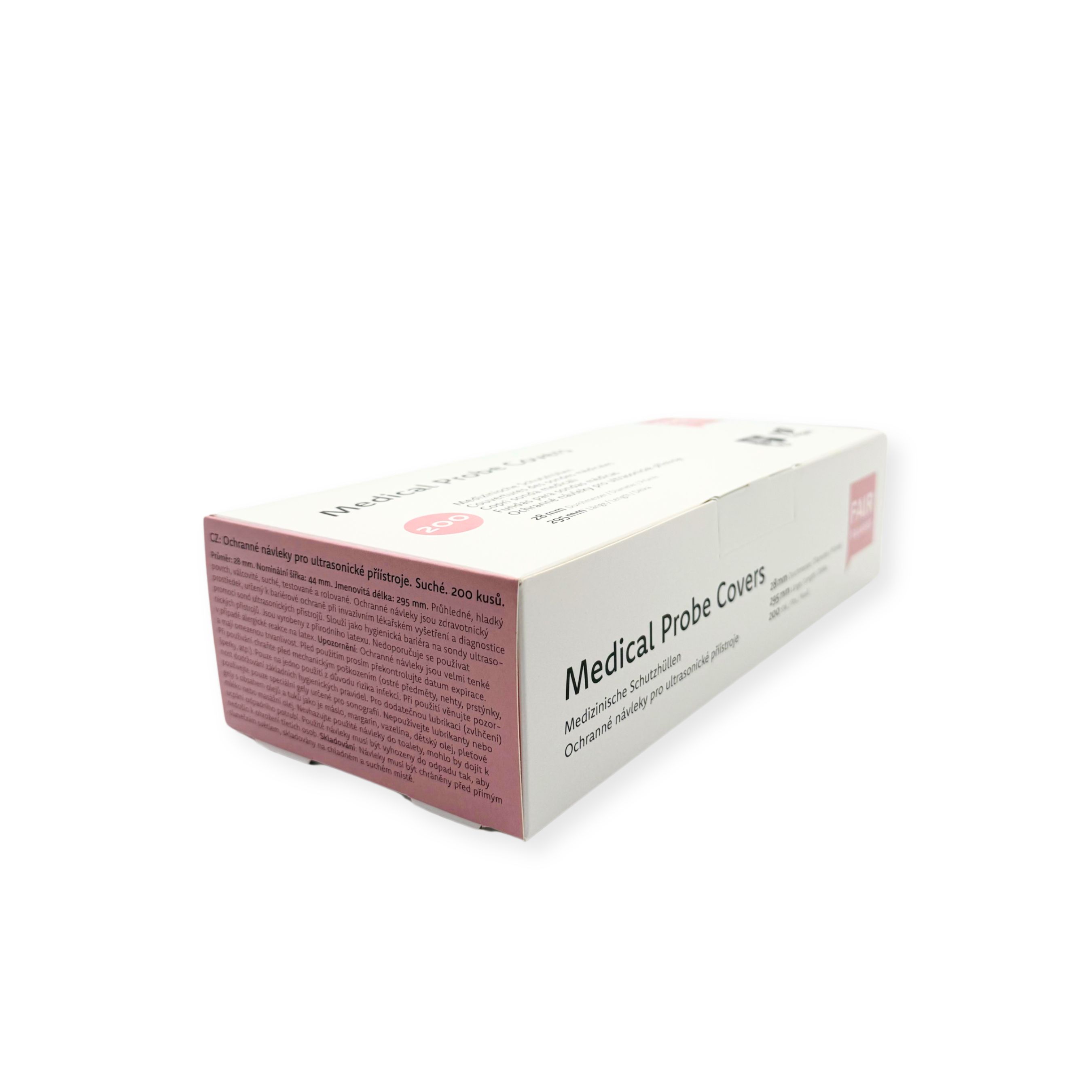 Vue oblique de la boîte "Medical Probe Covers". Texte: Protection médicale. 200 pièces. Accent rose.