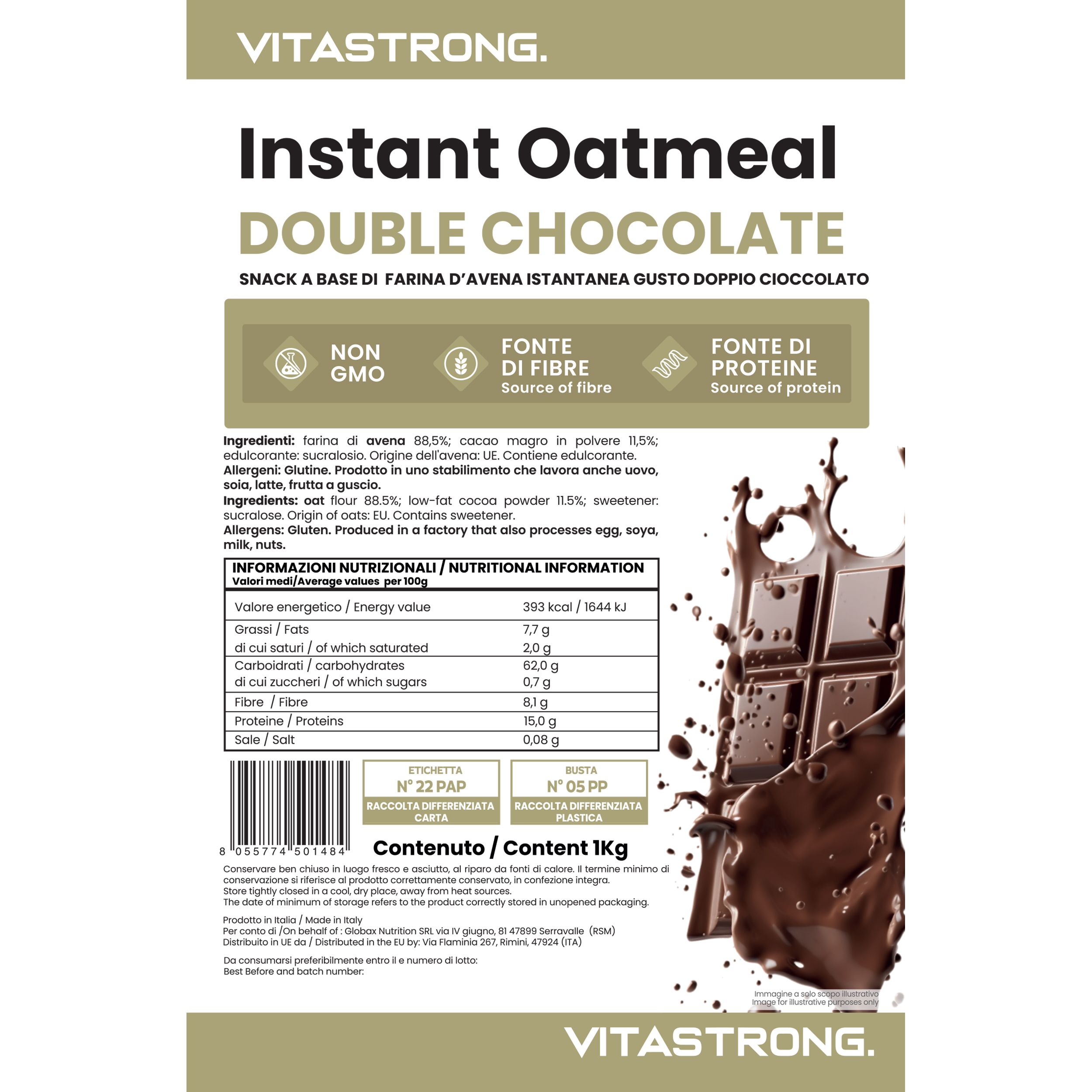 Vitastrong Instant Oatmeal - Double Choco. Voedingswaarde en ingrediëntenlijst. Chocolade-illustratie.
