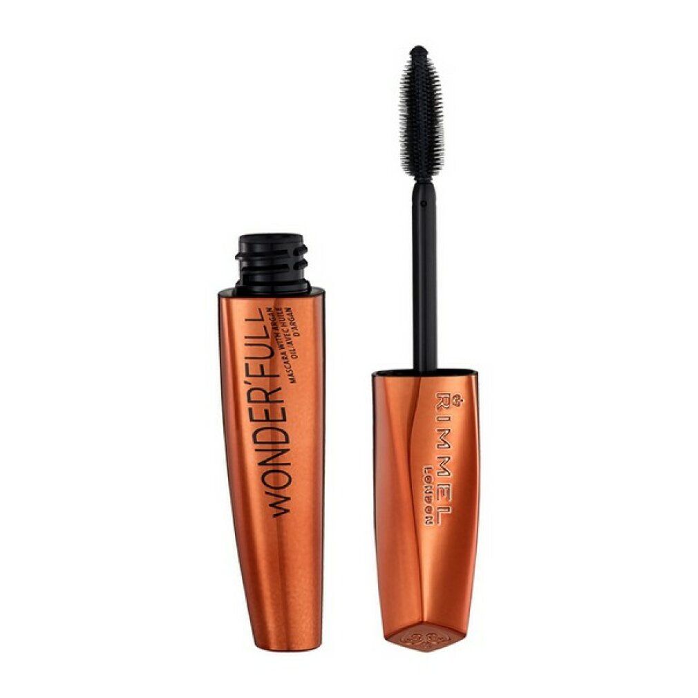 Mascara met borstel. Donkerbruine huls, gouden dop. Opschrift: Rimmel Wonder'full.