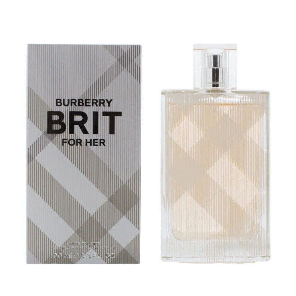Flacon et boîte. Flacon rectangulaire avec vaporisateur. Boîte avec logo et texte. Motif à carreaux. Texte: Burberry Brit For Her.