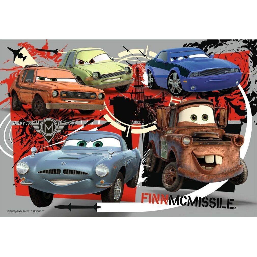 Puzzel met Cars-figuren. Zes auto's op grijze achtergrond. Logo en tekst 'Finn McMissile' zichtbaar.