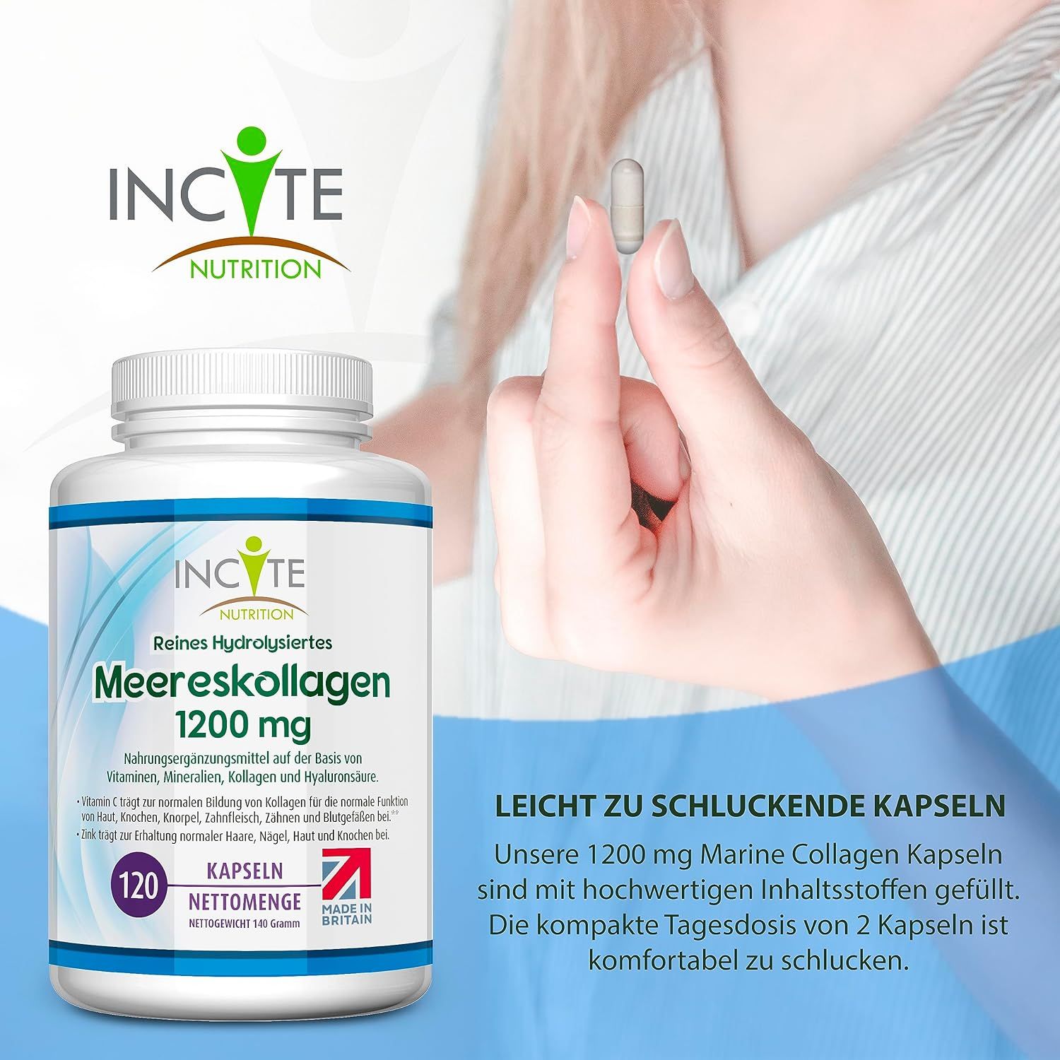 Fles "Meereskollagen 1200 mg" en capsule in hand. 120 capsules, gemakkelijk te slikken.