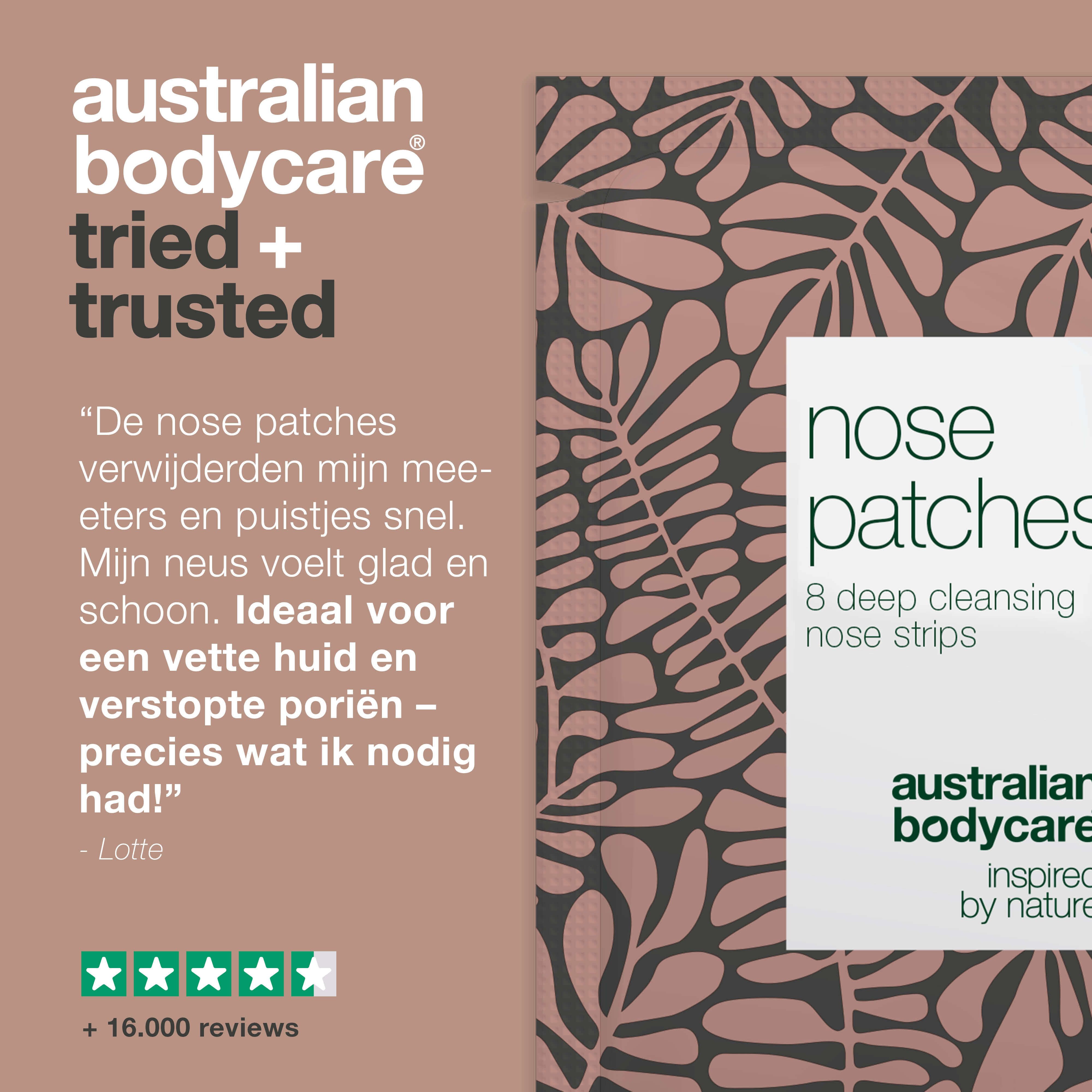 Tekst: Australian Bodycare. Ervaring. Neusstrips verwijderen mee-eters en puistjes. Ideaal voor vette huid.