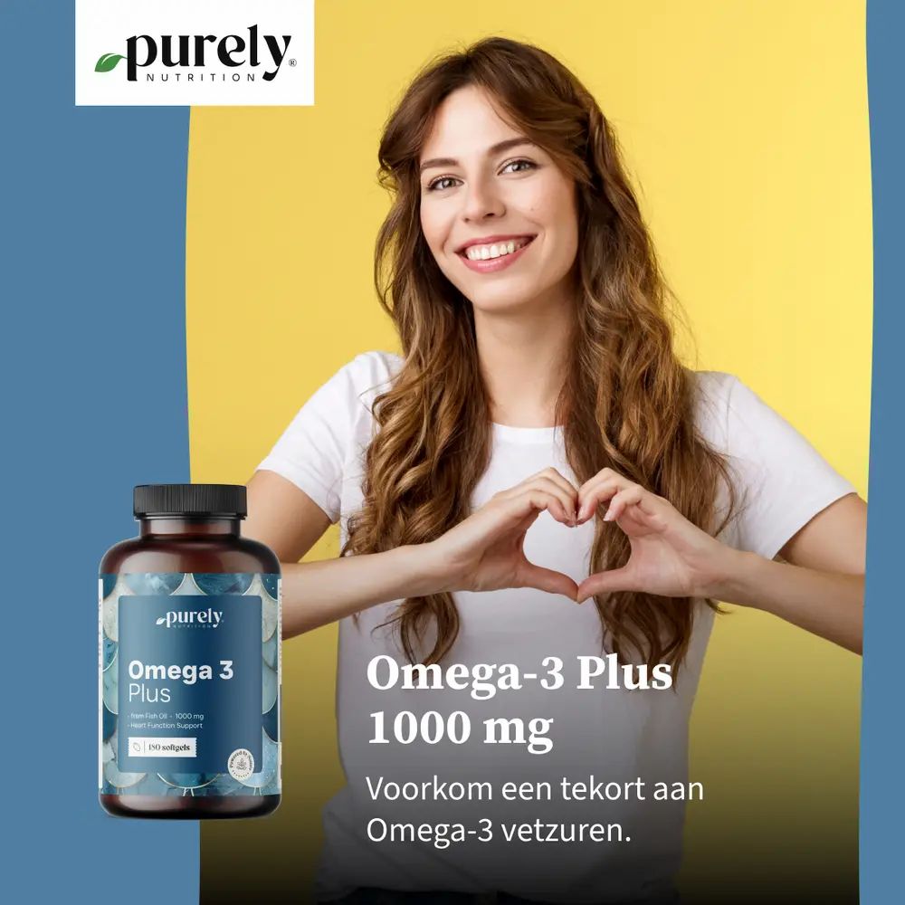 Vrouw met hartgebaar naast fles. Opschrift: Omega-3 Plus 1000 mg. Voorkom een tekort.