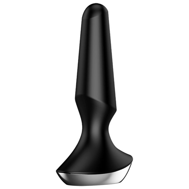 Vibrateur anal noir avec base large et plate et bord argenté. Forme ergonomique avec extrémité effilée.