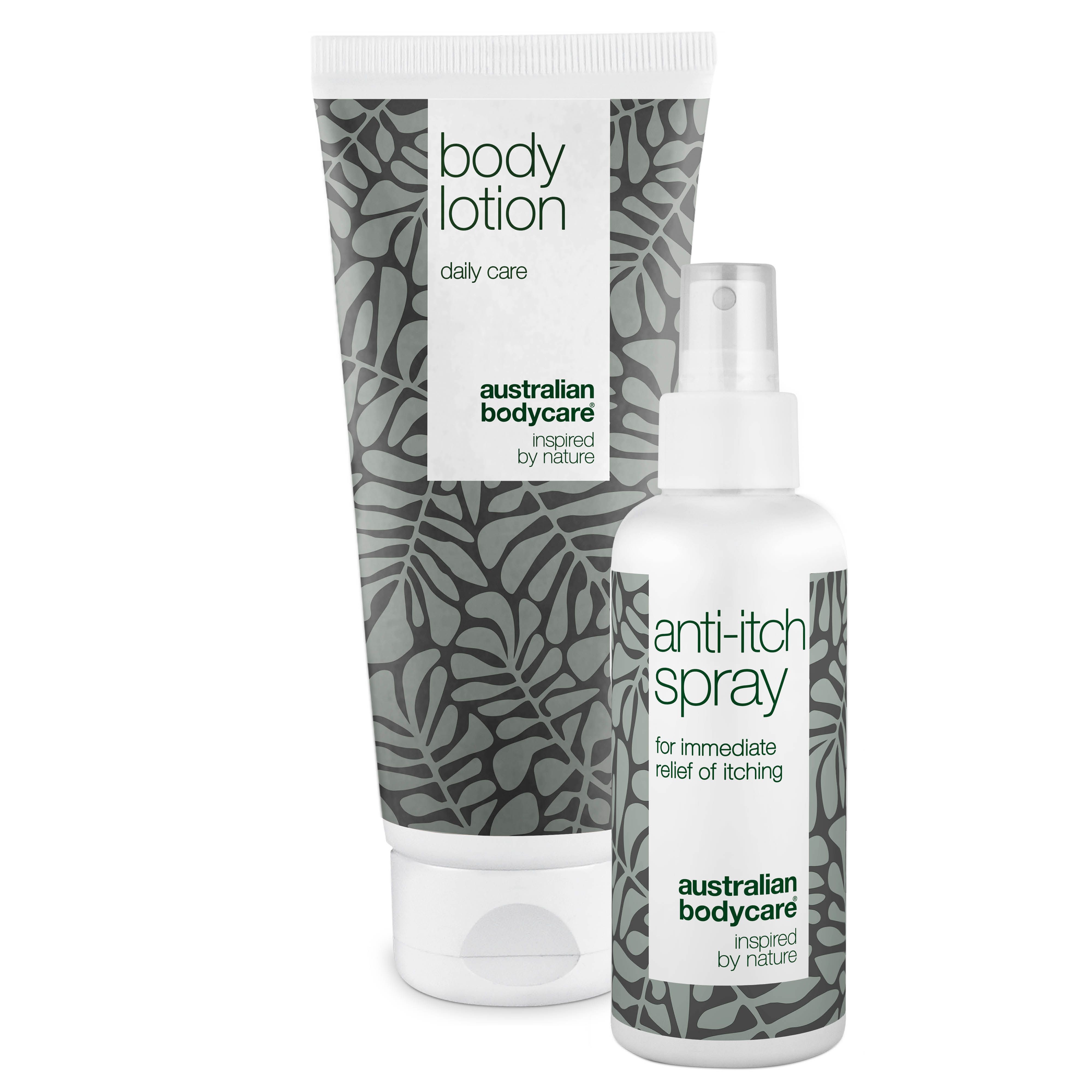 Lotion corporelle et spray anti-démangeaisons. Les deux produits ont une étiquette blanche avec un motif floral.