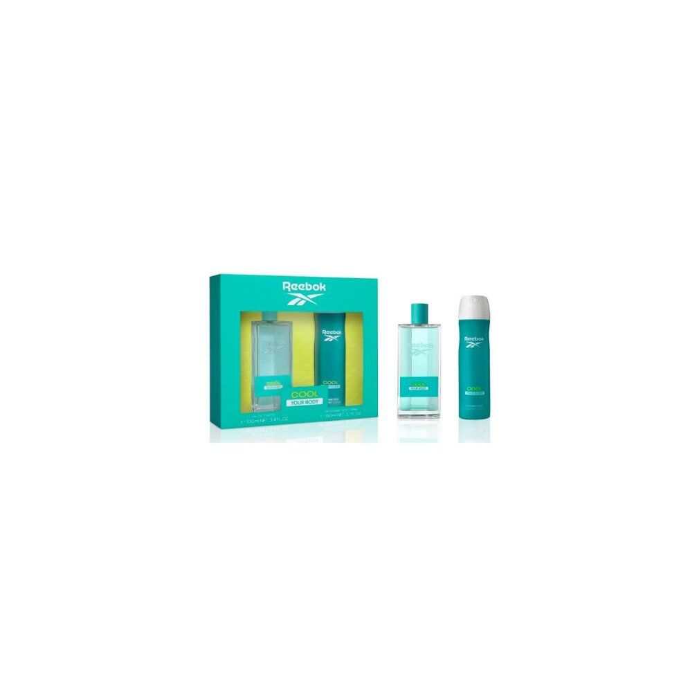Coffret Reebok Cool Your Body. Eau de toilette et déodorant dans un emballage turquoise. Logo et inscription Cool Your Body.