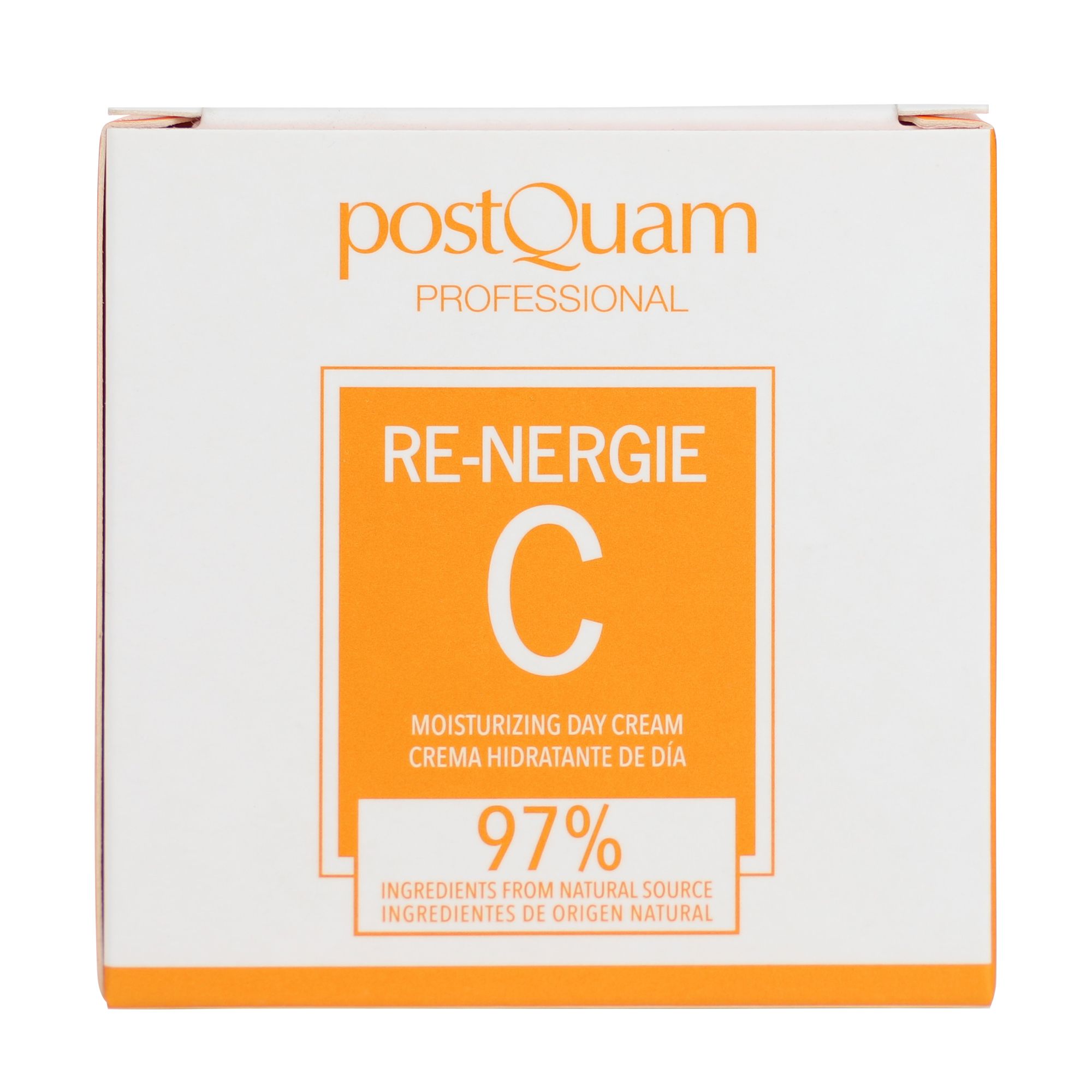 Witte verpakking met oranje vierkant. Tekst: Re-Nergie C, Moisturizing Day Cream, 97% ingrediënten. Merk: PostQuam Professional.