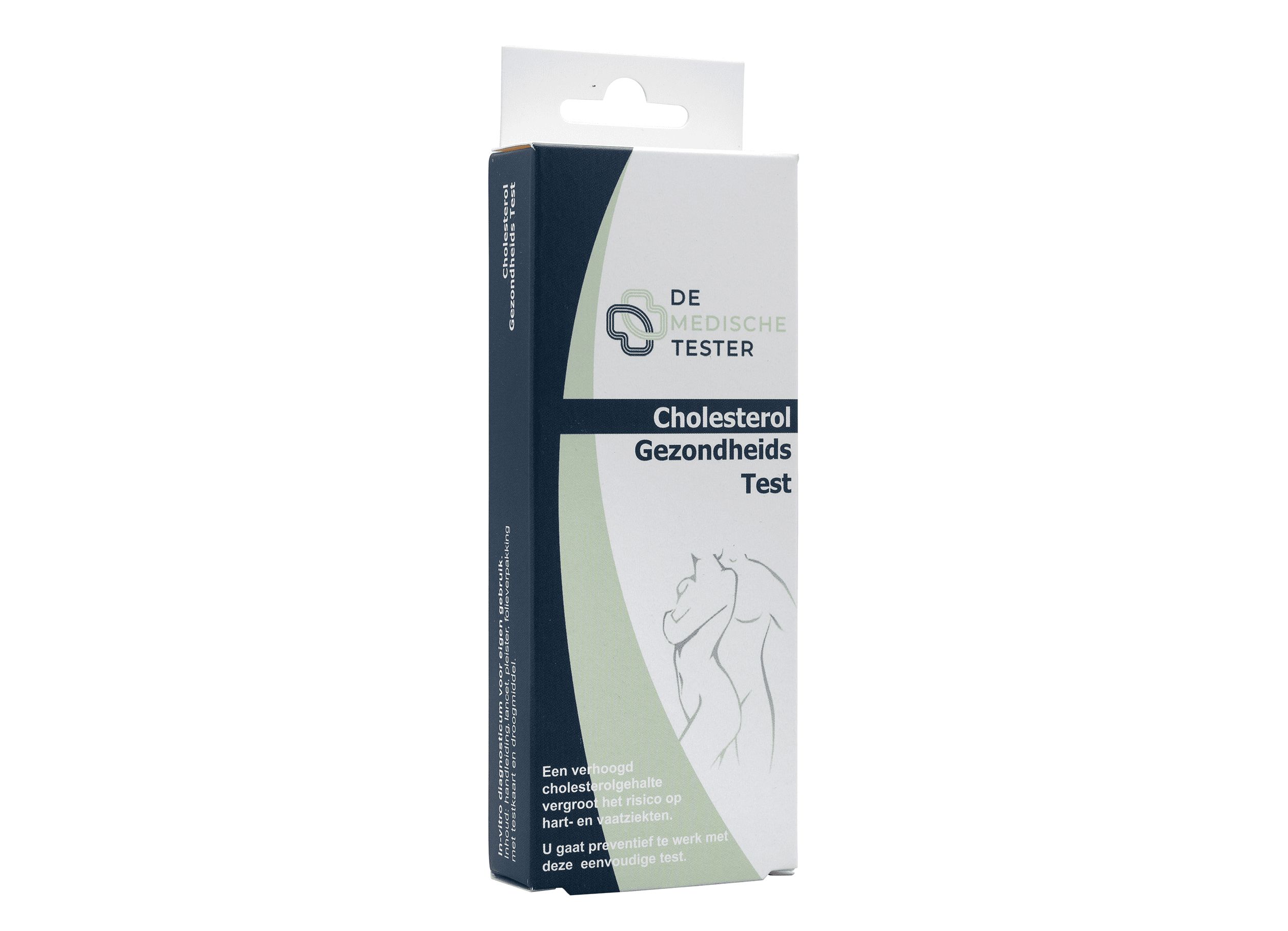 Emballage du test de santé cholestérol. Boîte blanche et bleue avec l'inscription "De Medische Tester" et "Cholesterol Gezondheids Test".