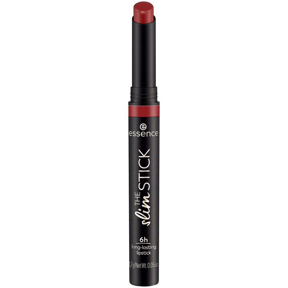 Rouge à lèvres Essence The Slim Stick, étui noir, rouge à lèvres visible.