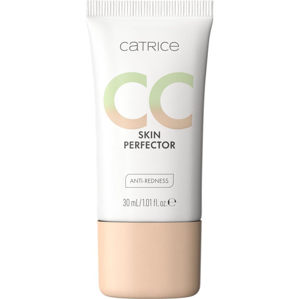 Catrice CC Skin Perfector tube. Witte tube met groene en perzik letters. Tekst: Anti-roodheid, 30 ml/1.01 fl.oz.e. Met perzik bodem.