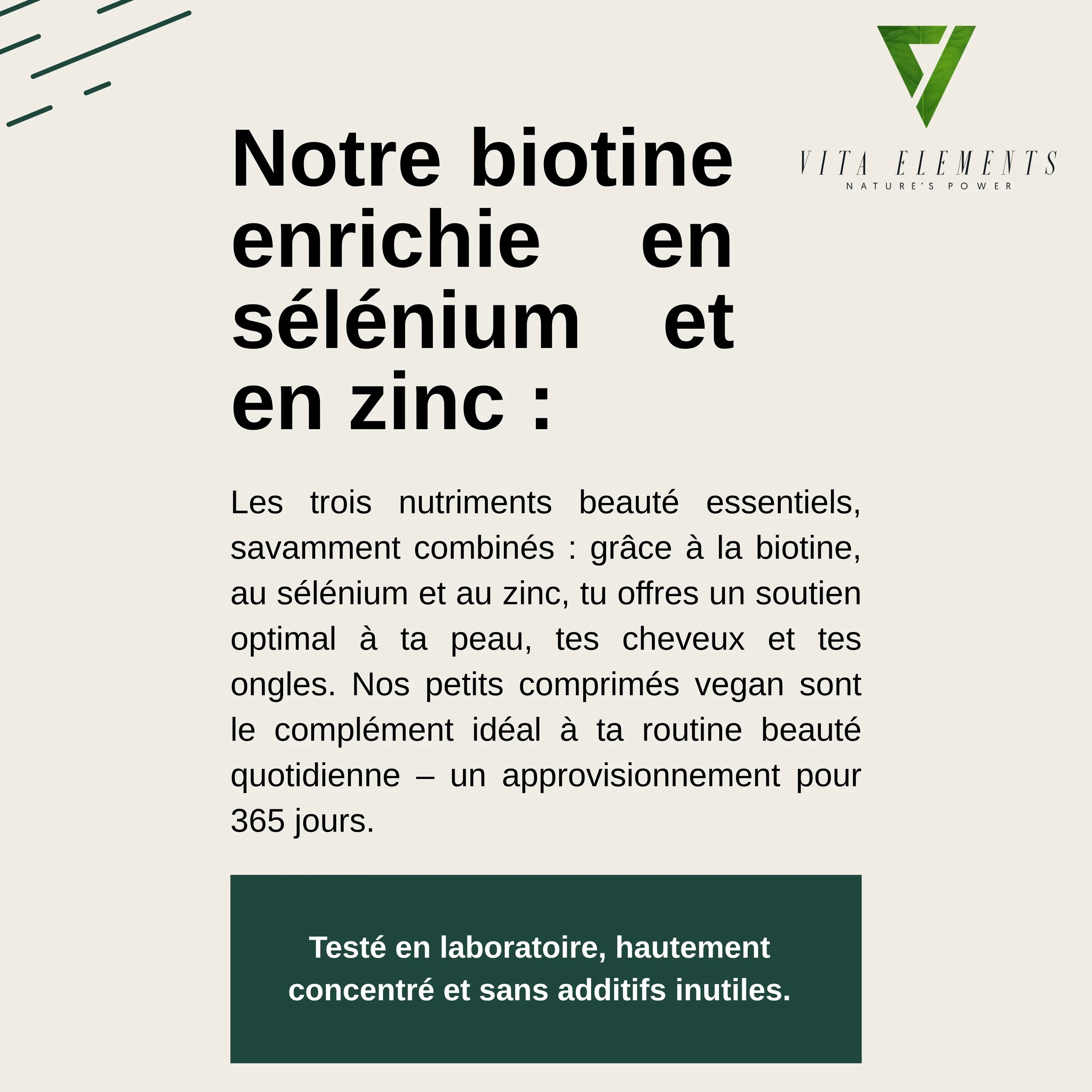Flacon Vita Elements Biotine avec Sélénium et Zinc, testé en labo, vegan.