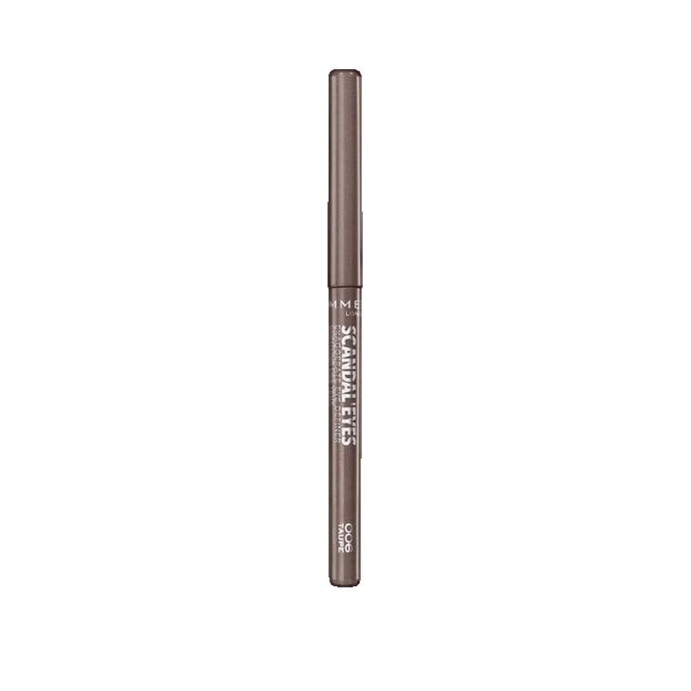 Automatische eyeliner, taupe. Cilindrische vorm, donkerbruin. Opschrift: Scandaleyes, Taupe. Zwarte pen.