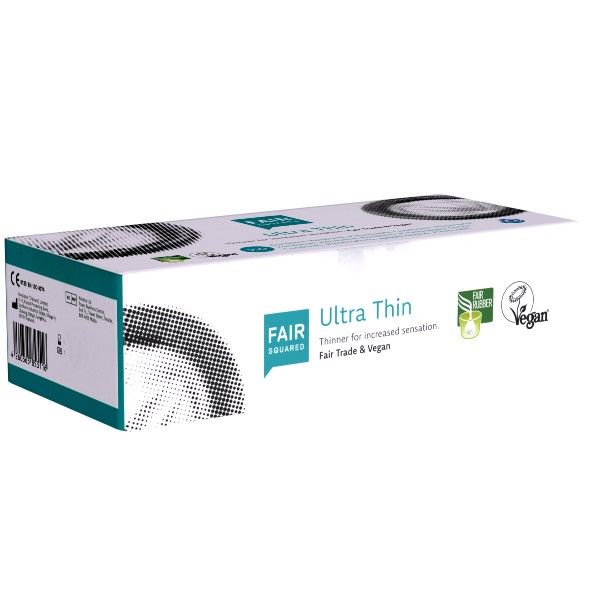 Kartonnen verpakking met merklogo en productnaam 'Ultra Thin'. Vegan en Fair Trade labels.