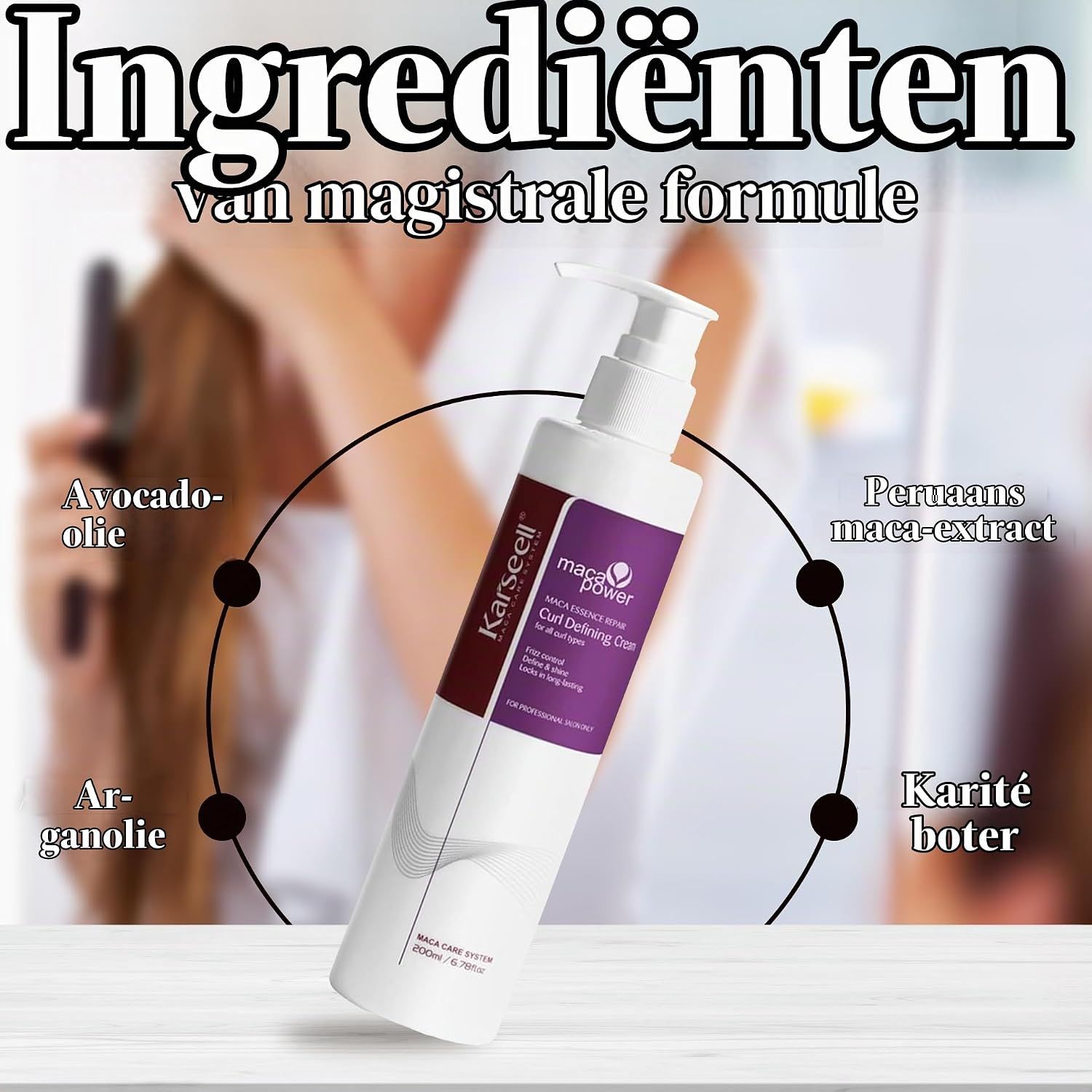 Witte fles met pompdosering, opschrift 'Karseell Maca Power Curl Defining Cream', bevat avocado-olie, arganolie, maca-extract en karitéboter.