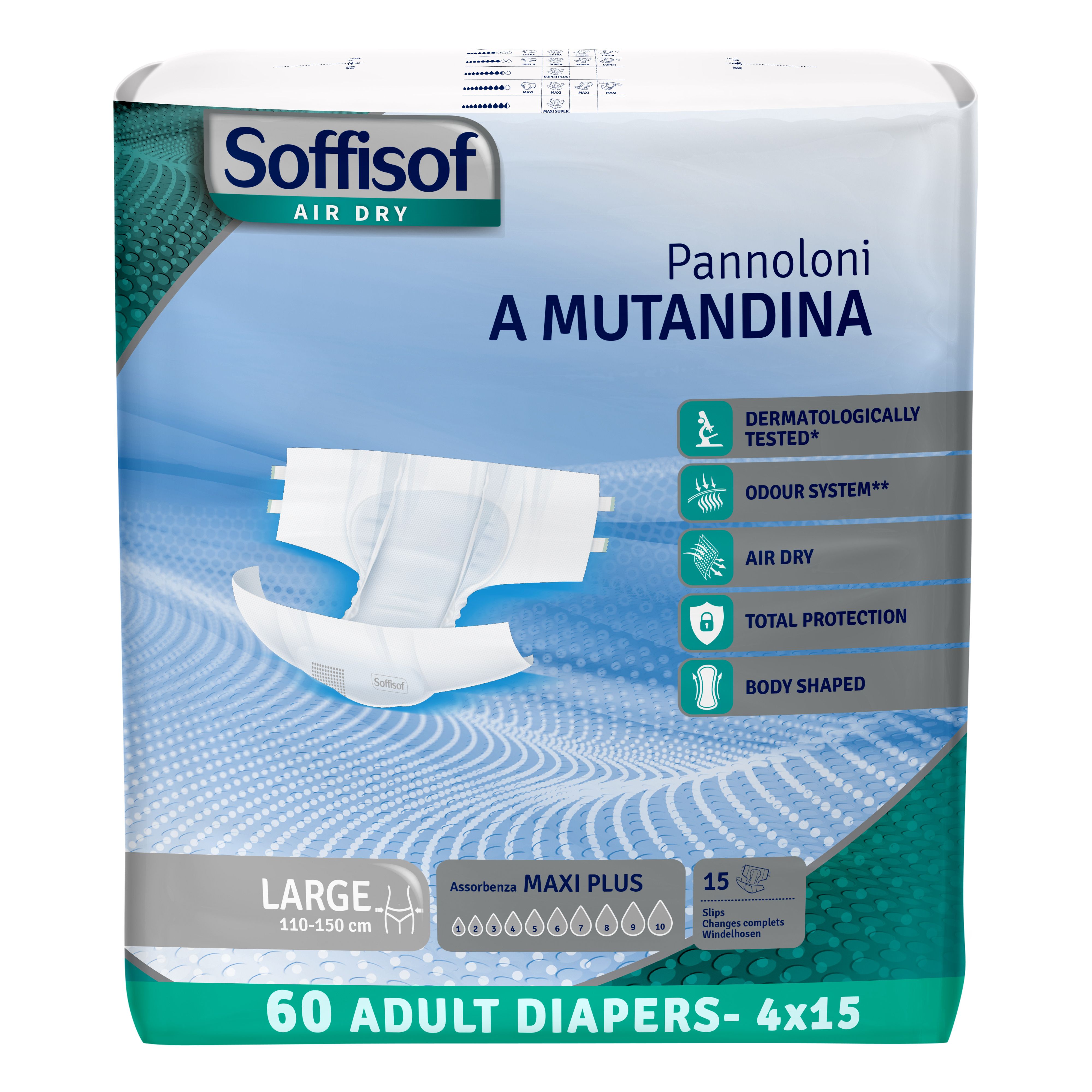 Verpakking met 60 volwassen luiers. Opschrift: Soffisof Air Dry, Maxi Plus, Large, 110-150 cm. Met certificeringen.