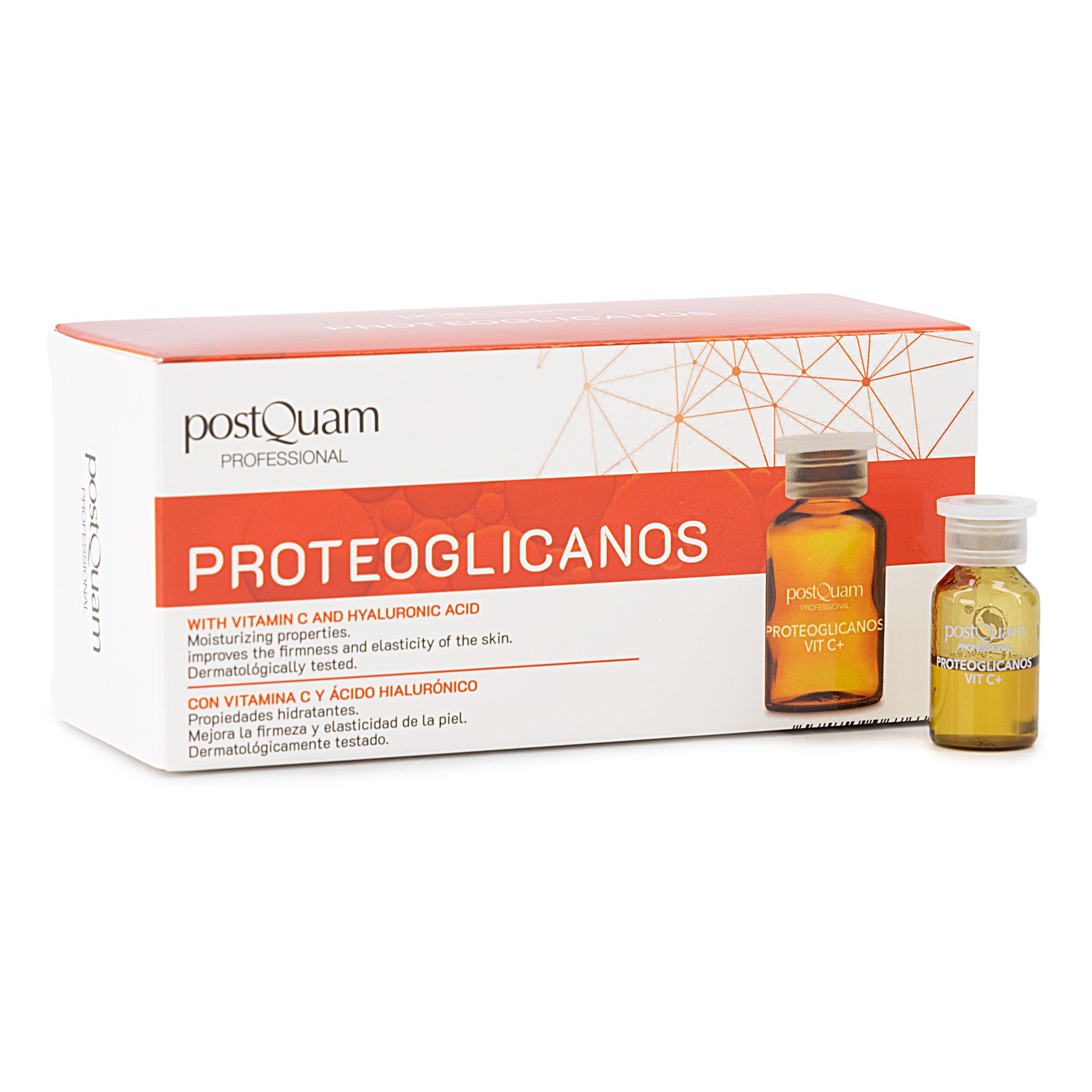 Boîte avec ampoules. Inscription : Proteoglicanos, vitamine C et acide hyaluronique. Deux ampoules devant la boîte.