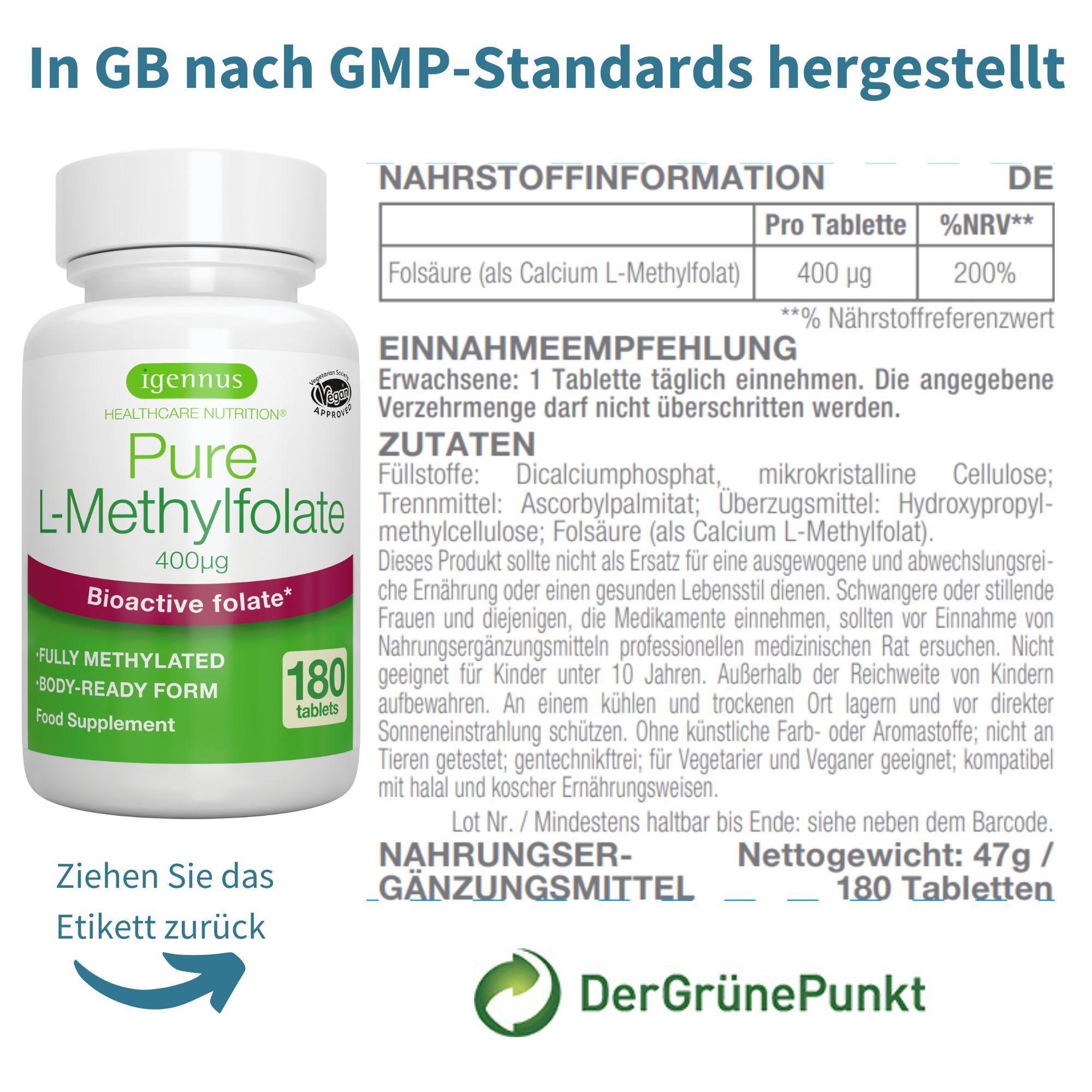 Arrière d'une bouteille d'Igennus Pure L-Methylfolate avec informations nutritionnelles et instructions de prise.