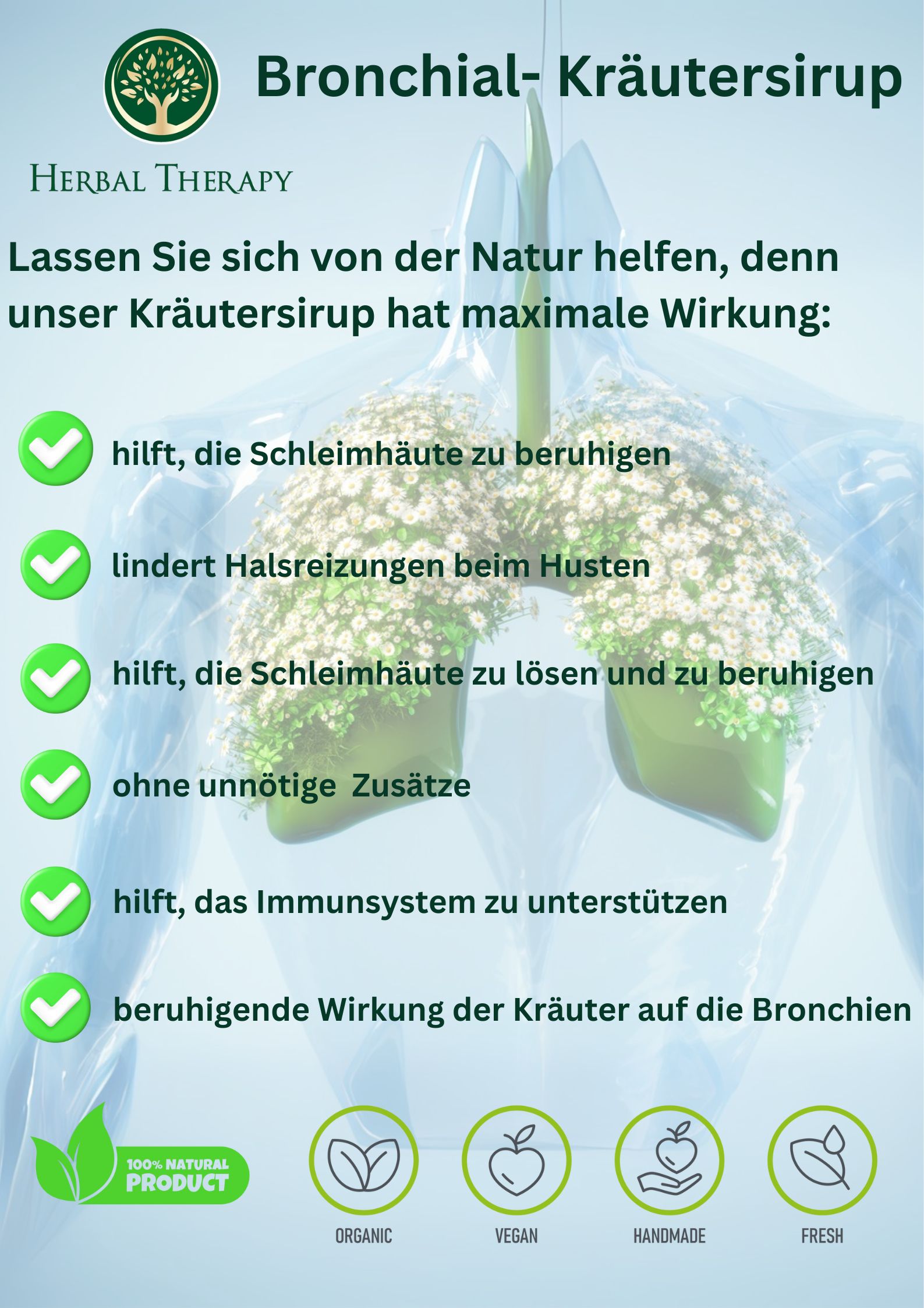 Reclameposter met longen en kruiden. Herbal Therapy. Bronchial- Kruidensiroop. Groene vinkjes. Witte achtergrond.