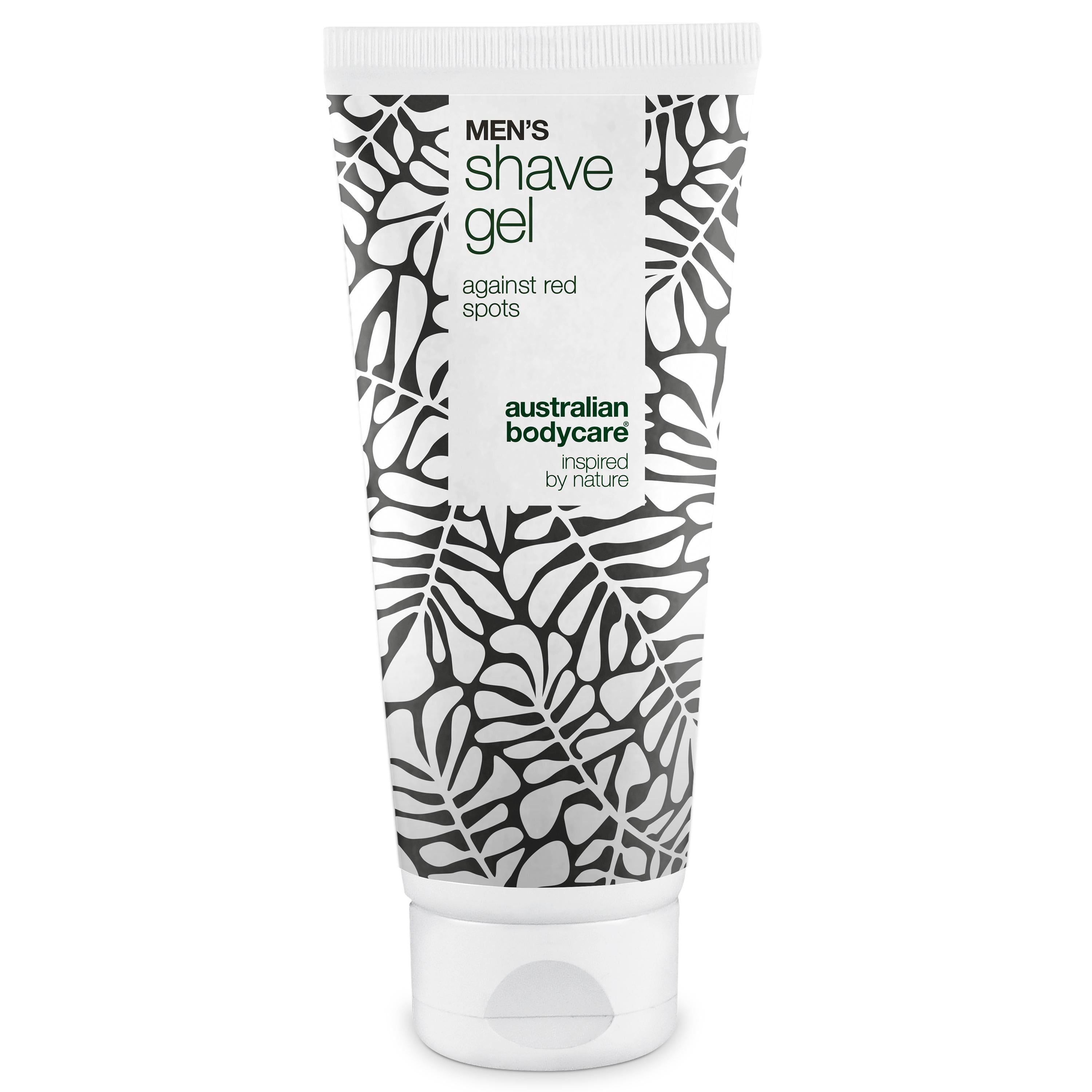 Tube blanche à motifs noirs. Inscription: MEN'S shave gel against red spots. Australian Bodycare.