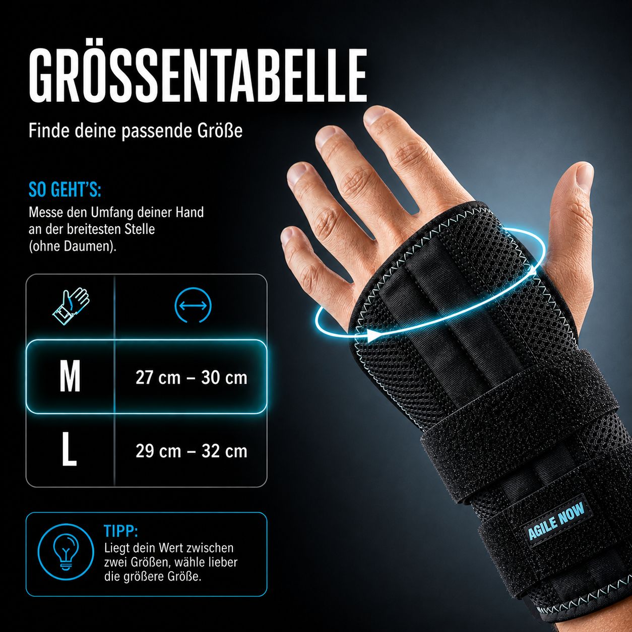 Polsbrace. Maattabel: M (27-30 cm), L (29-32 cm). Zwarte brace om de pols. Tekst: Vind je maat.