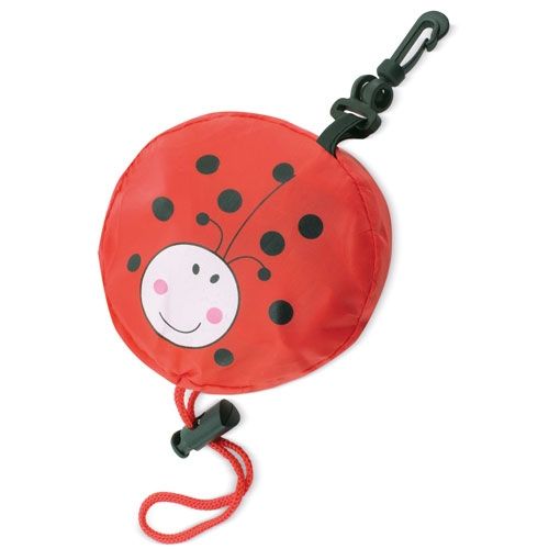 Ronde rode tas met lieveheersbeestje-ontwerp. Zwarte stippen, gezicht. Zwarte clip en rood trekkoord.