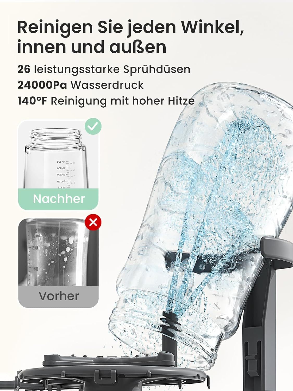 Gros plan du nettoyeur de biberons avec jets pulvérisant un récipient en verre. Comparaison avant/après.