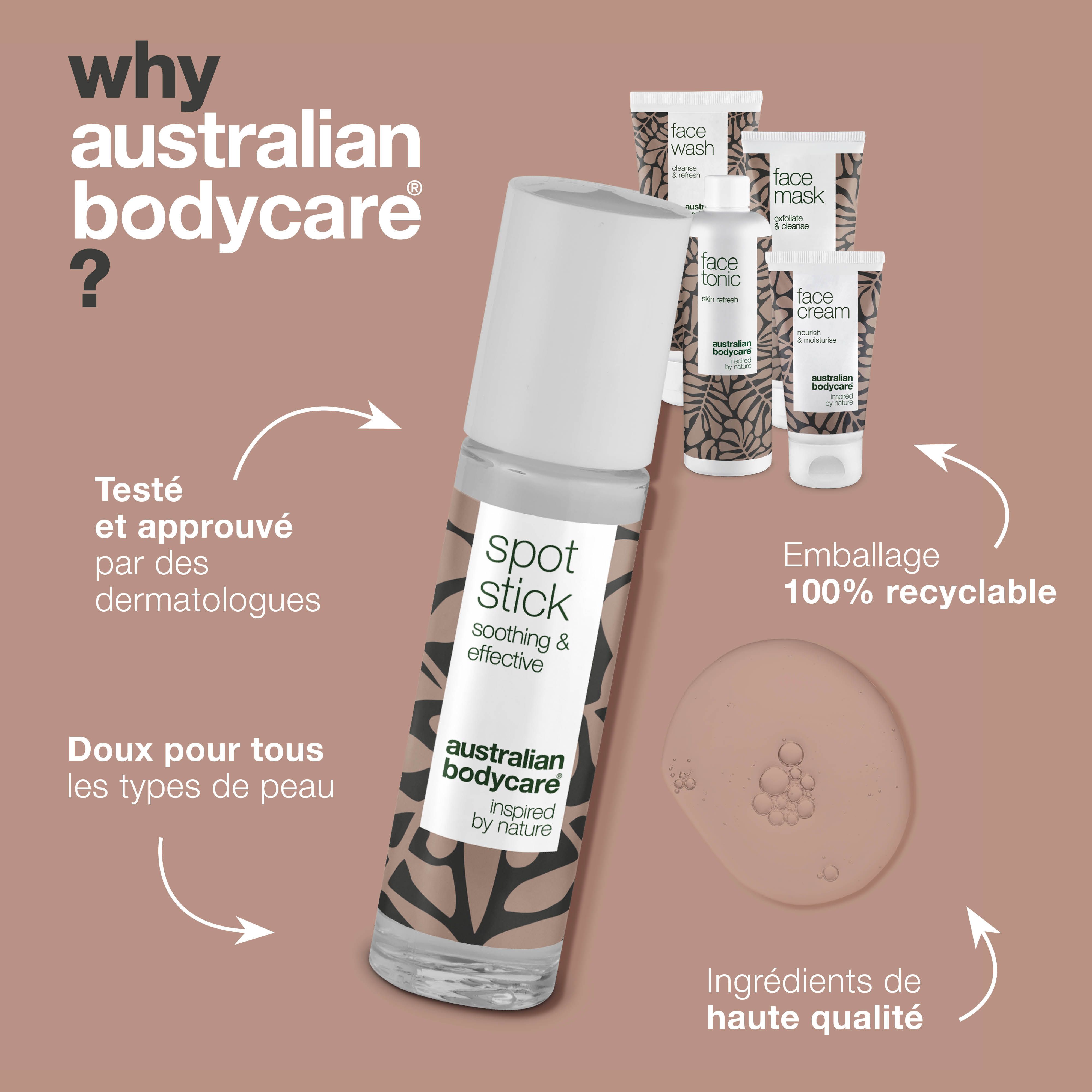 Spot Stick avec texte. Ensemble de soins du visage en arrière-plan. Texte : Pourquoi Australian Bodycare ?