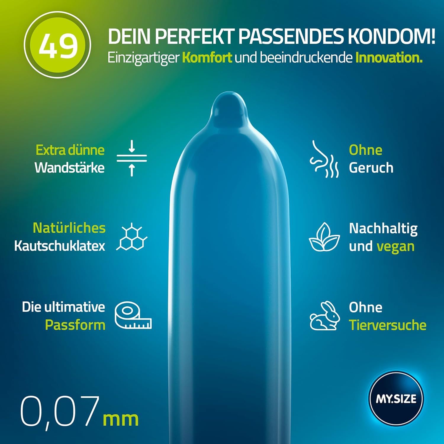 Préservatif bleu. Inscriptions: Paroi extra fine, Sans odeur, Latex de caoutchouc naturel, Durable et végétalien, Ajustement ultime, Sans tests sur animaux, 0,07 mm.