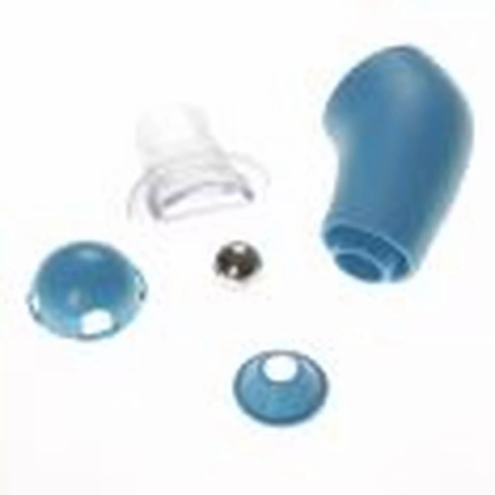 Pièces détachées d'un appareil bleu d'entraînement respiratoire : embout, bille, boîtier et couvercle.