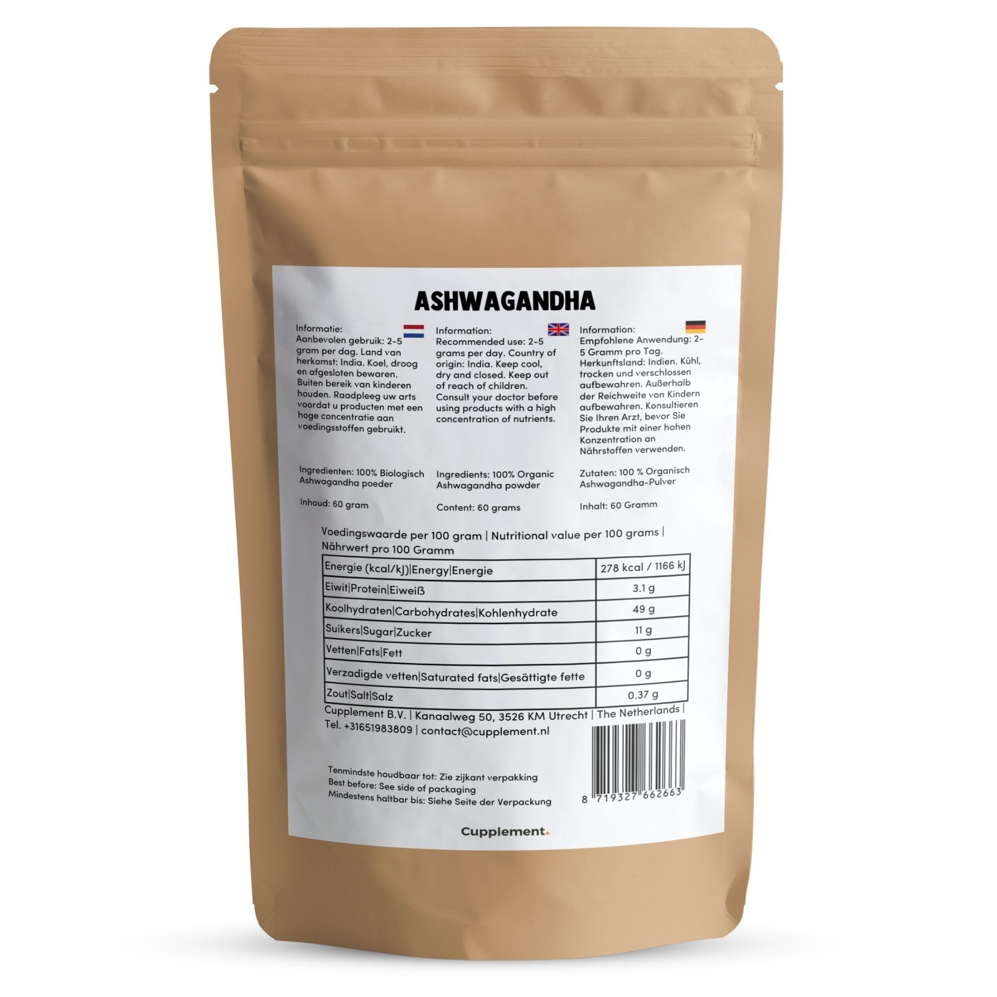 Achterkant van het zakje Ashwagandha. Bevat informatie in verschillende talen. Voedingswaarde. 60g.