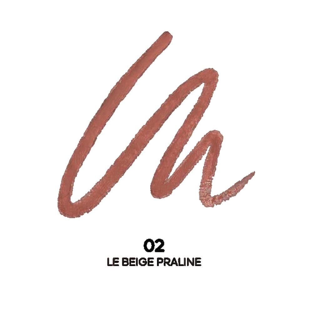 Trait de crayon à lèvres, couleur 02 Le Beige Praline. Ligne brun clair sur fond blanc.