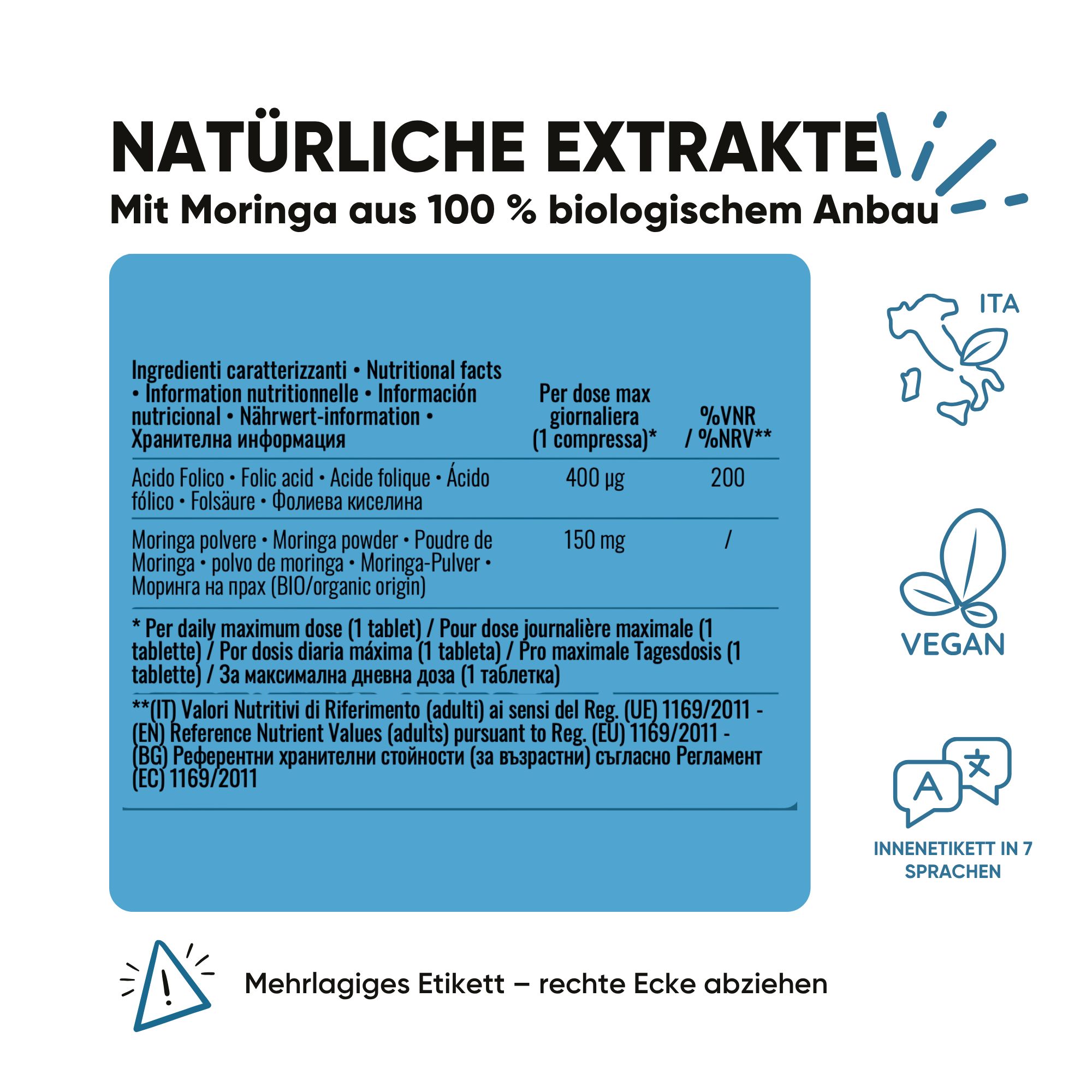 Étiquette avec informations nutritionnelles pour le folate et le moringa. Sceau végétalien.