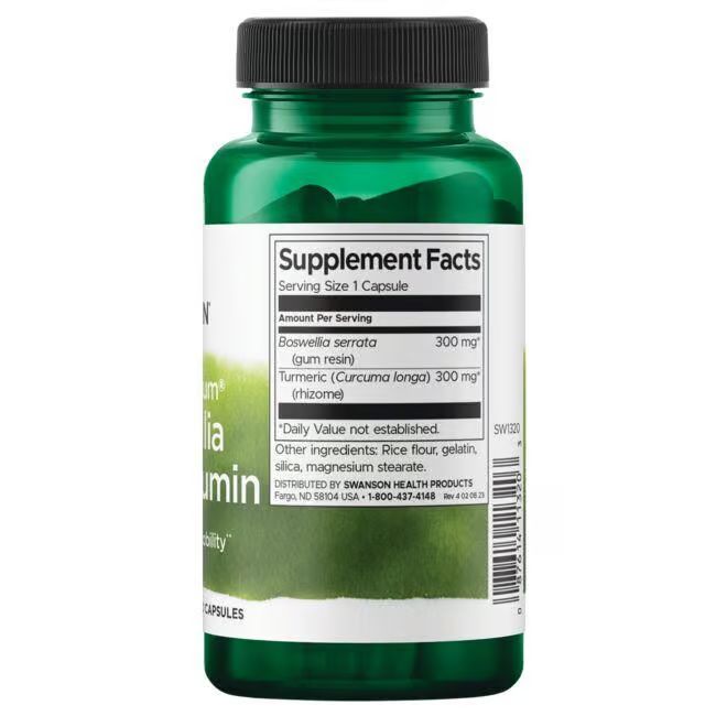 Dos d'un flacon vert avec bouchon noir. Inscription: Supplement Facts. Contient Boswellia serrata et Curcuma longa.
