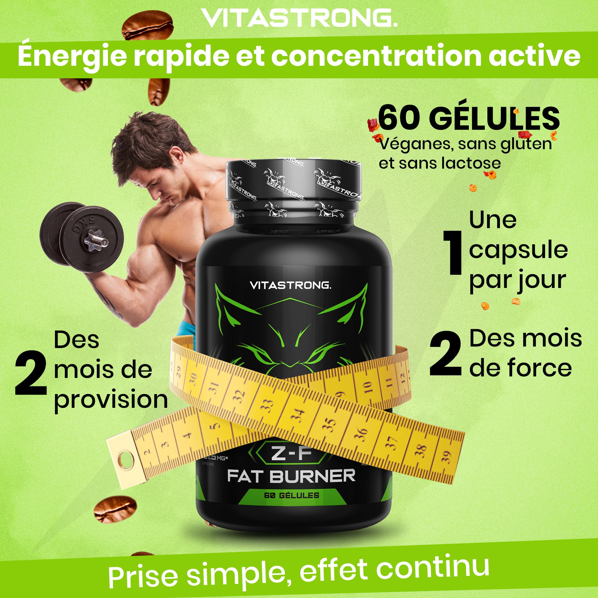 Vitastrong Z-F Fat Burner. Fles met mensen die sporten. 60 capsules.