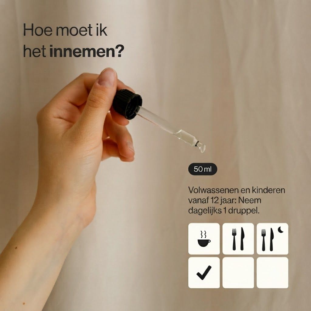 Hand toont druppelaar met Zenement Vitamine D3 + K2 Druppels. 50ml. Inname voor volwassenen en kinderen vanaf 12 jaar.