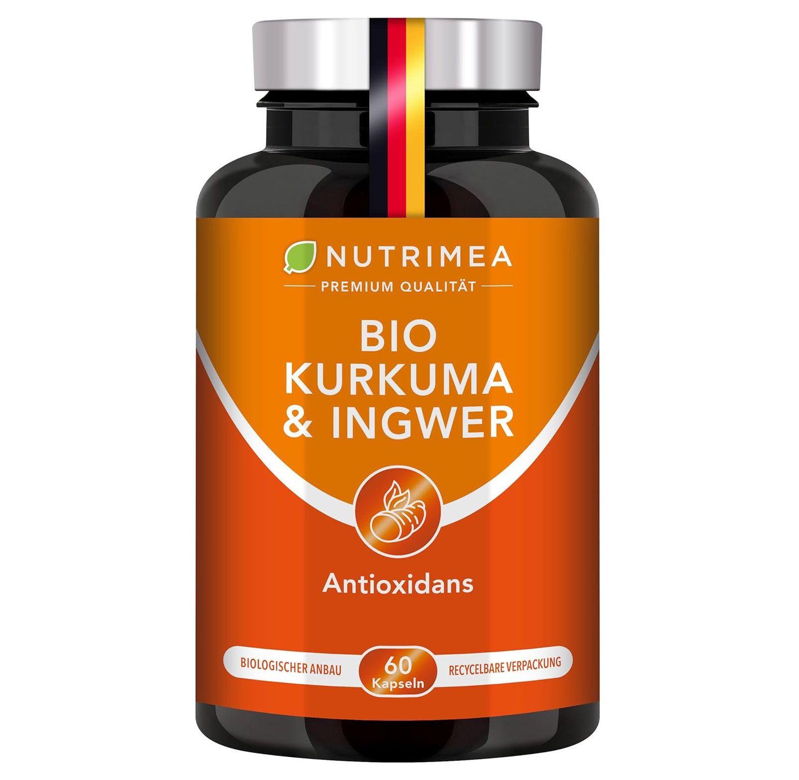 Flacon noir avec capsules. Inscription: BIO KURKUMA & INGWER, Antioxydants, 60 capsules. Drapeau allemand sur l'étiquette.